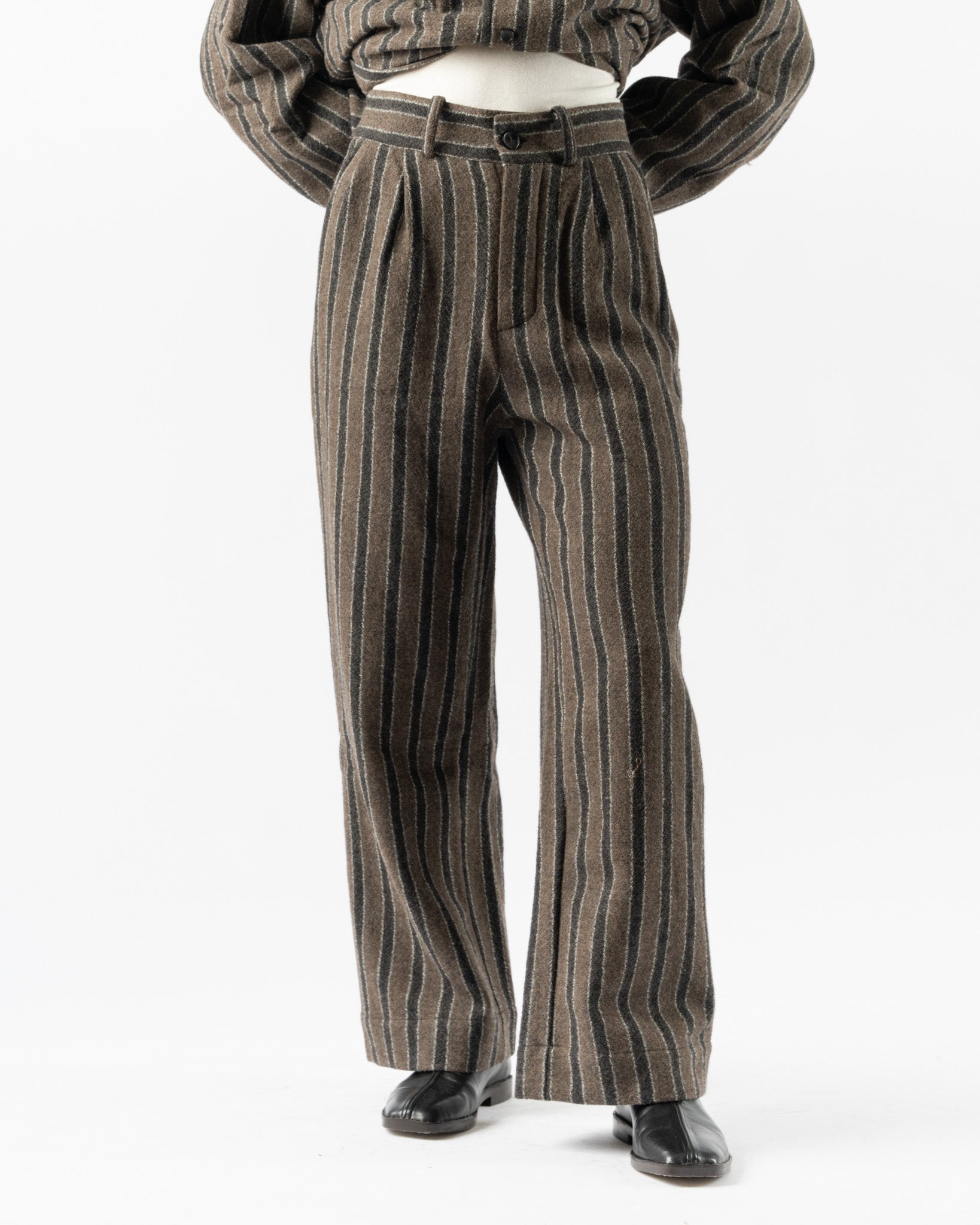 Cawley Japanese Boucle Wool Willa Trouser in Brown/Charcoal Stripe