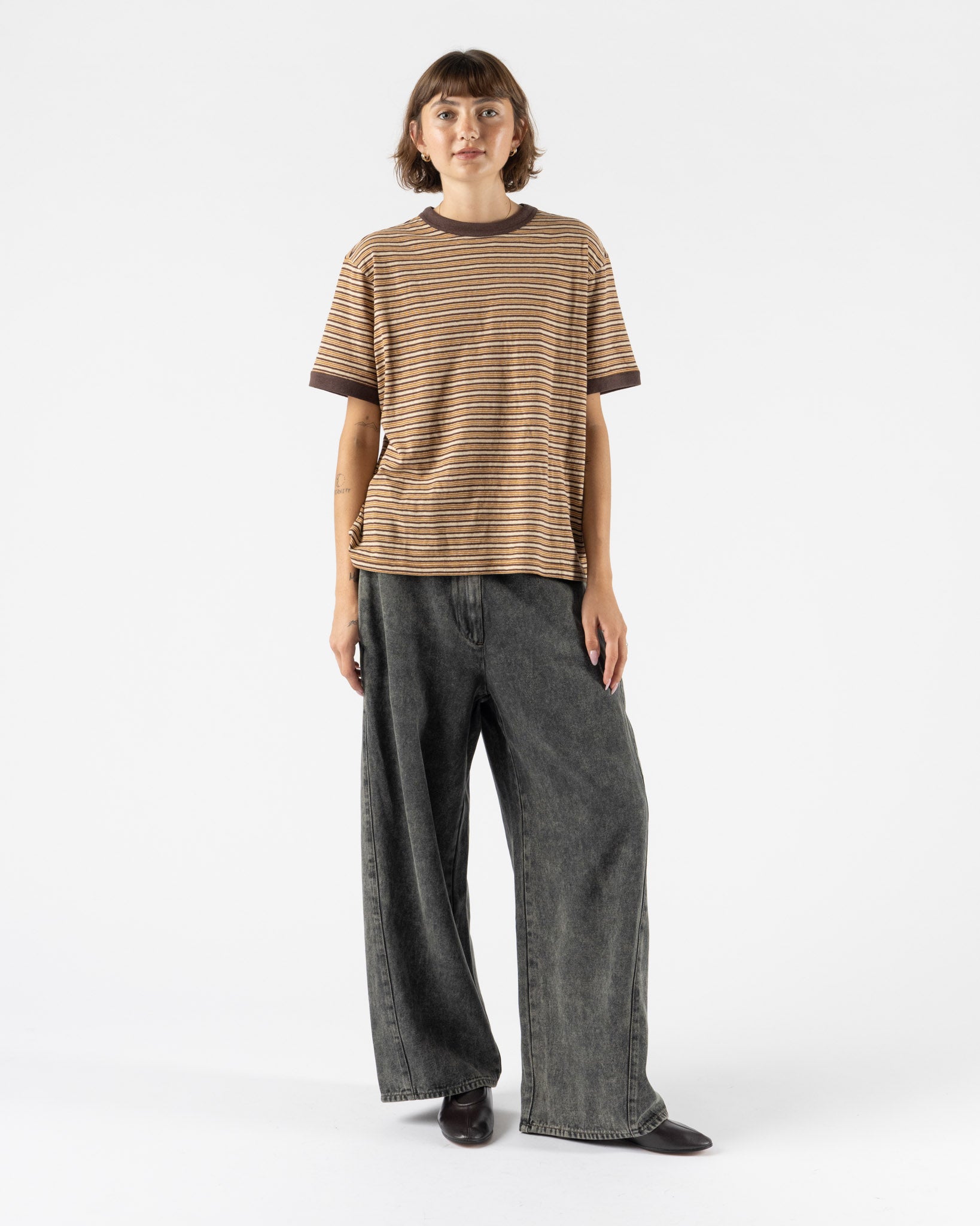Cawley Japanese Jersey Short Sleeve T-Shirt in Brown Stripe