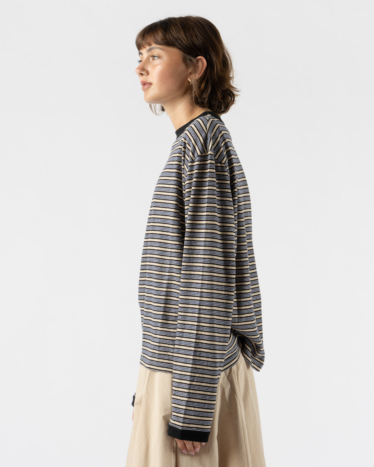 Cawley Japanese Jersey Long Sleeve T-Shirt in Blue Stripe