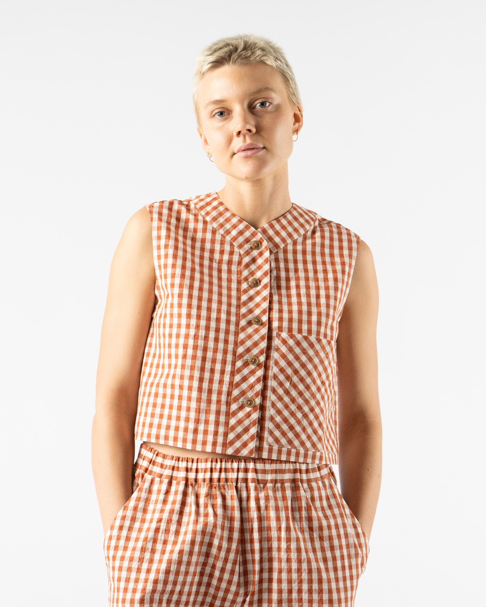 KasMaria Crinkle Cotton Linen Gingham Crop Top