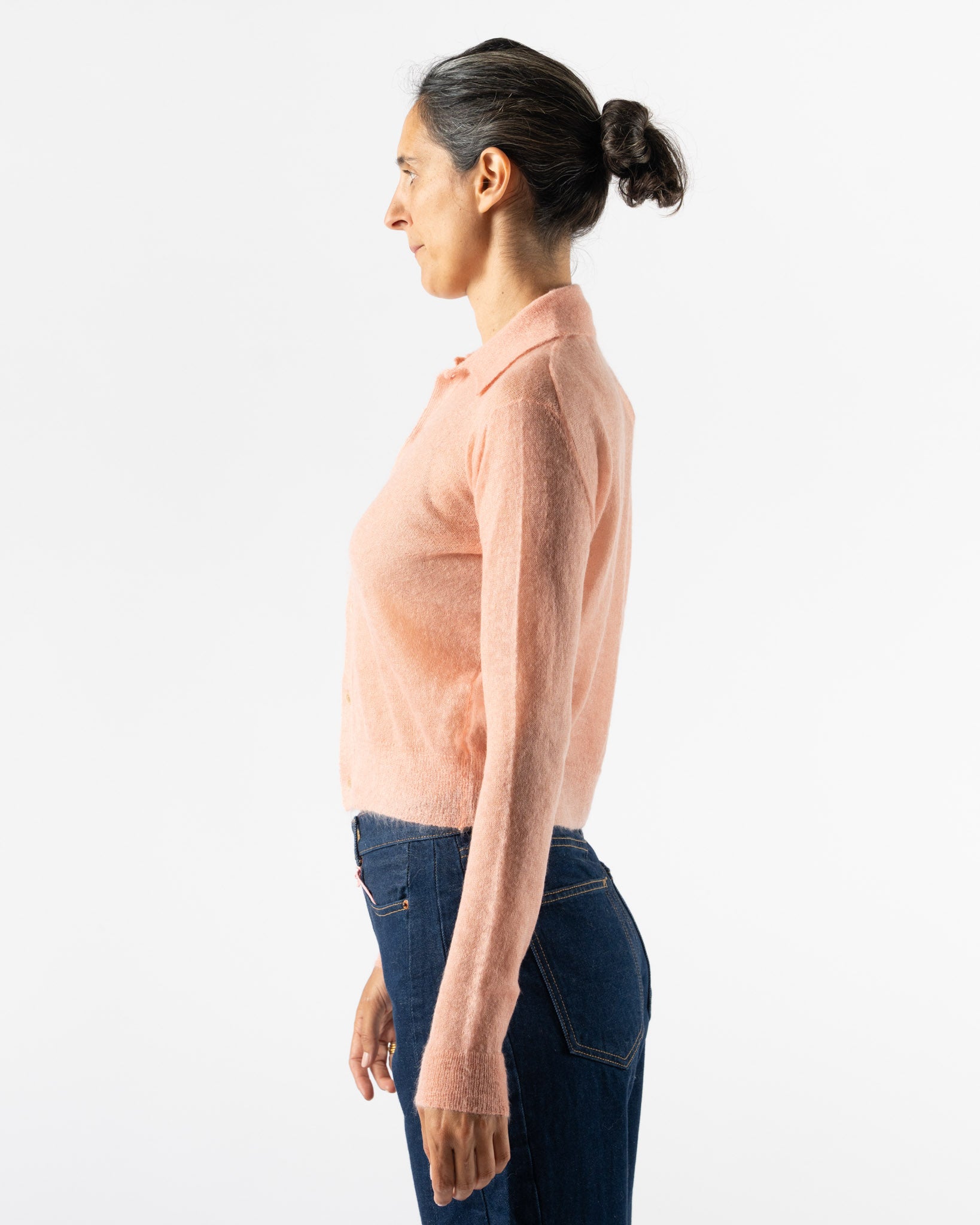 Auralee Kid Mohair Sheer Knit Cardigan in Salmon Pink