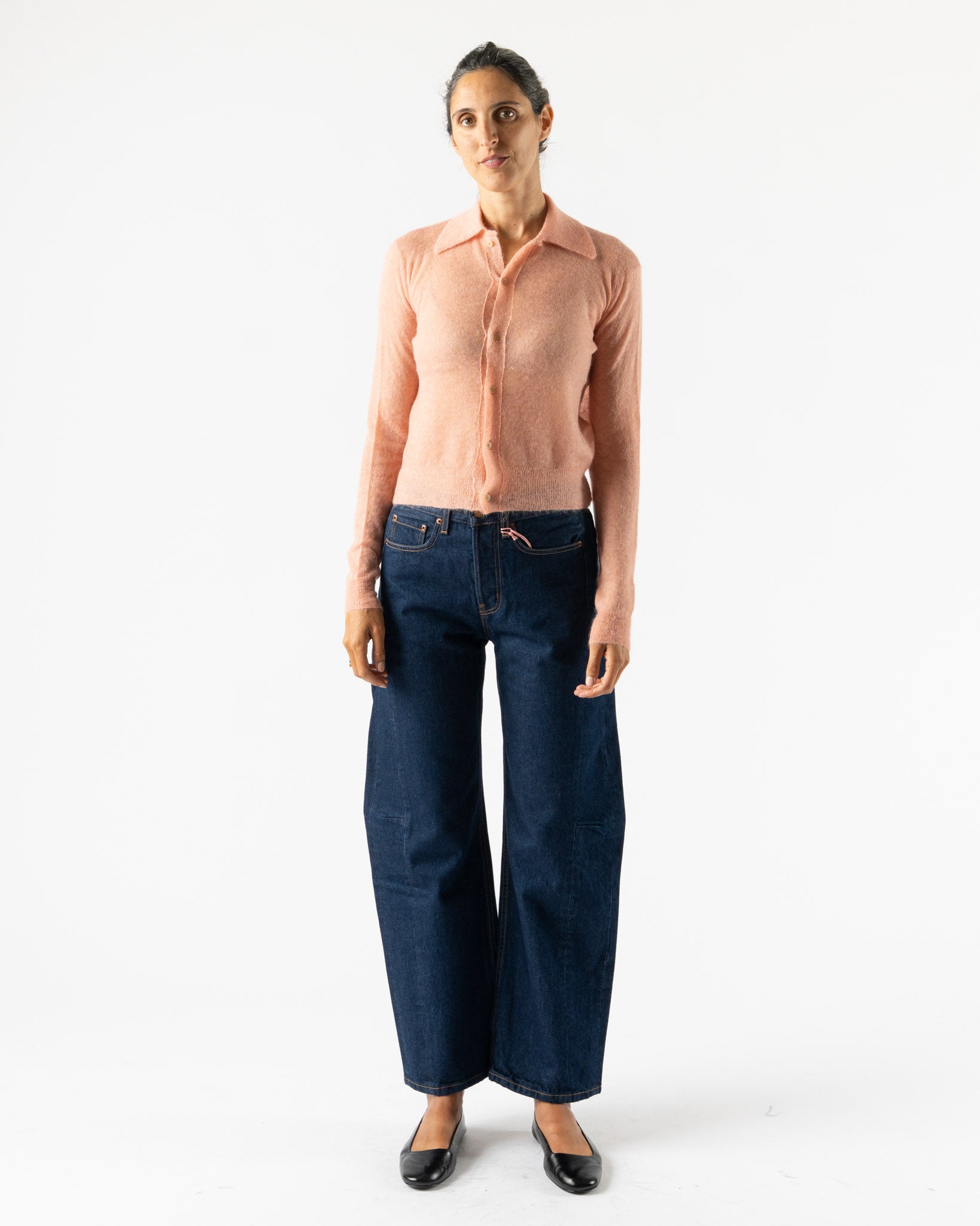 Auralee Kid Mohair Sheer Knit Cardigan in Salmon Pink