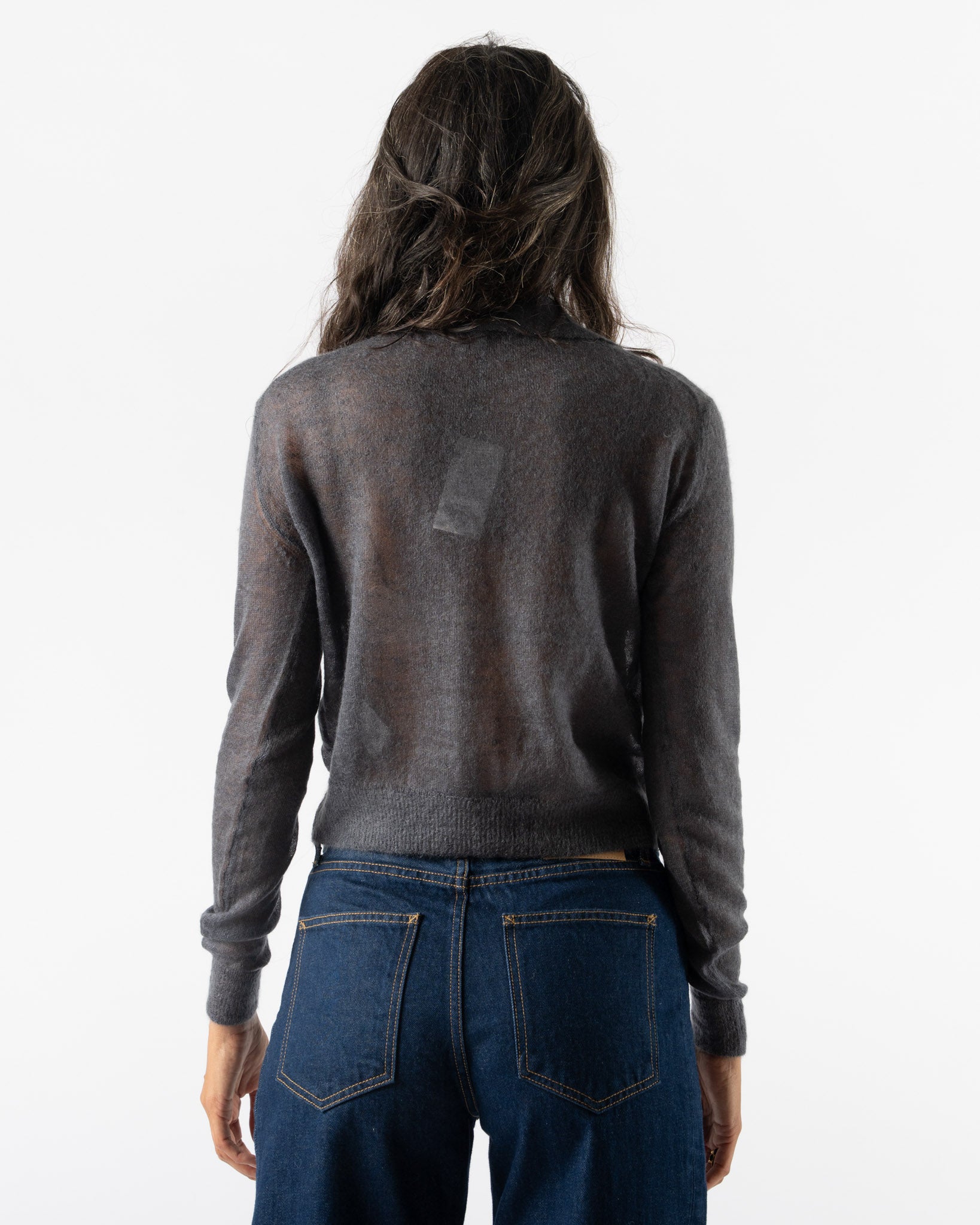 Auralee Kid Mohair Sheer Knit Cardigan in Top Charcoal