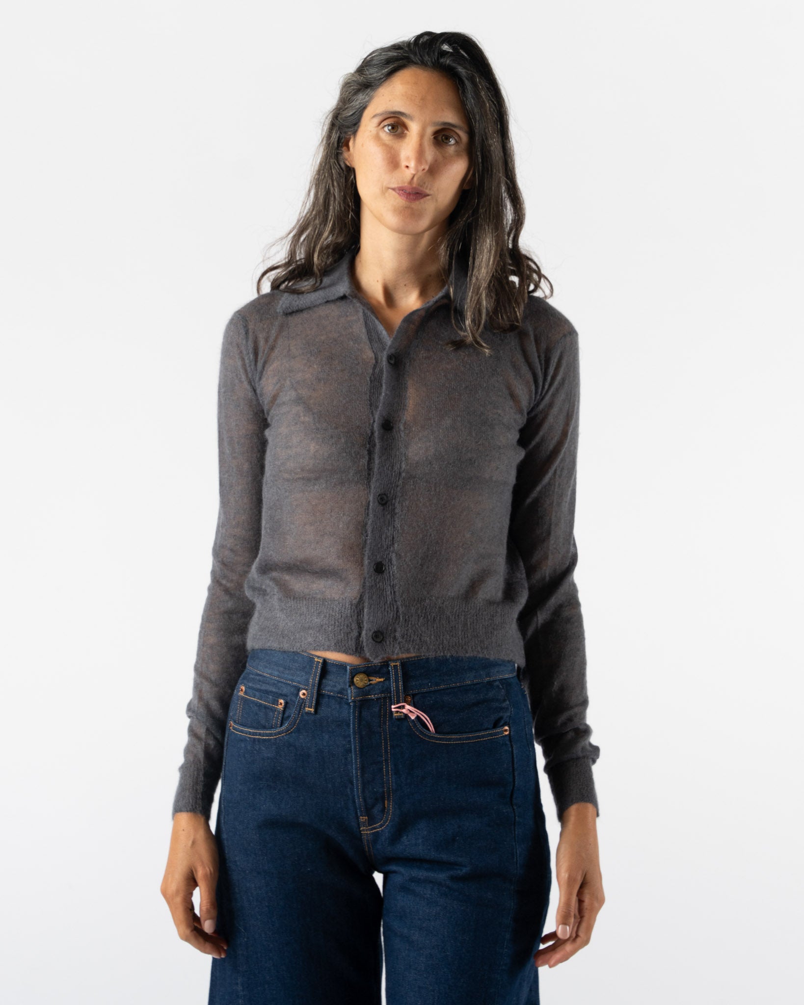 Auralee Kid Mohair Sheer Knit Cardigan in Top Charcoal