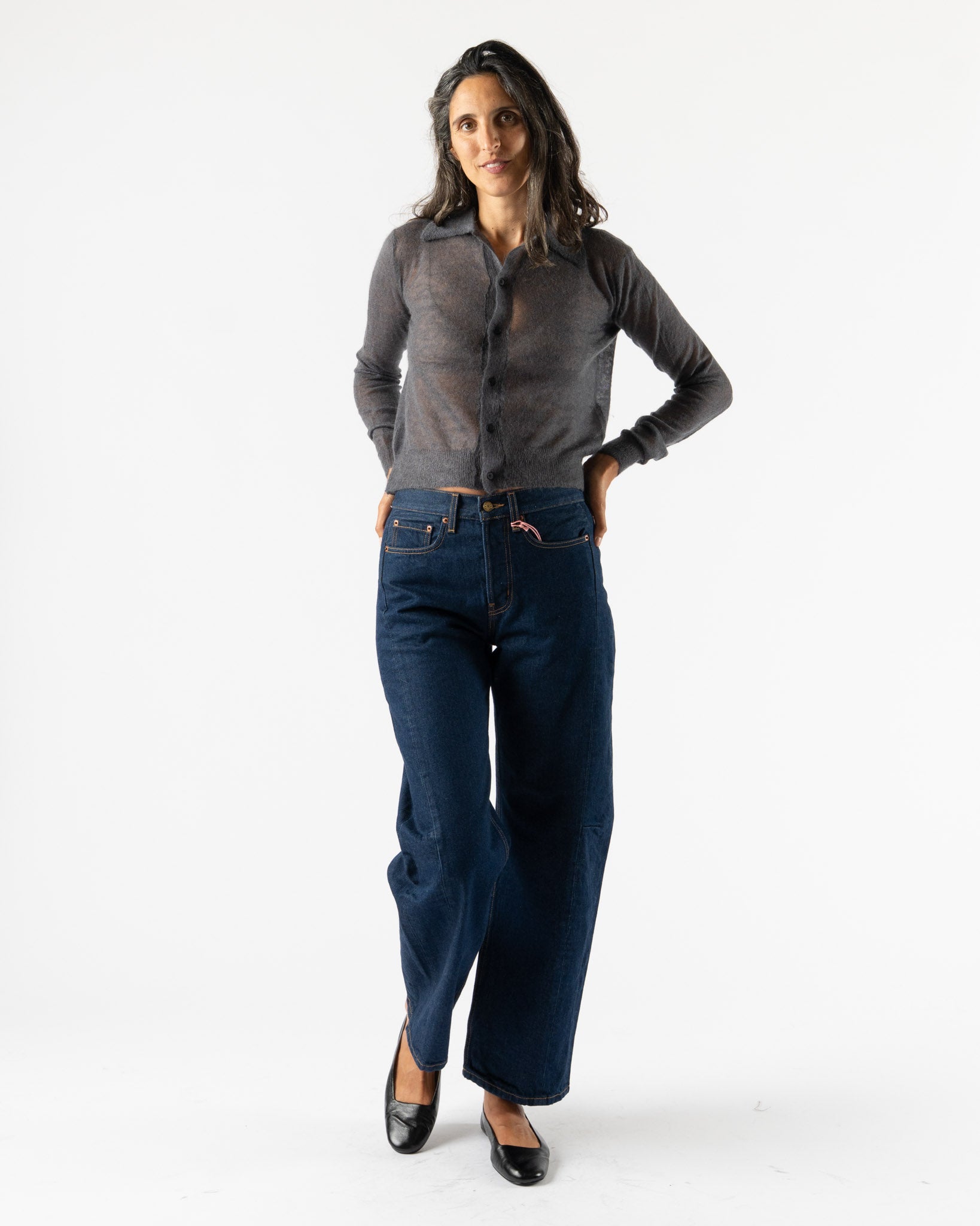 Auralee Kid Mohair Sheer Knit Cardigan in Top Charcoal Curated at