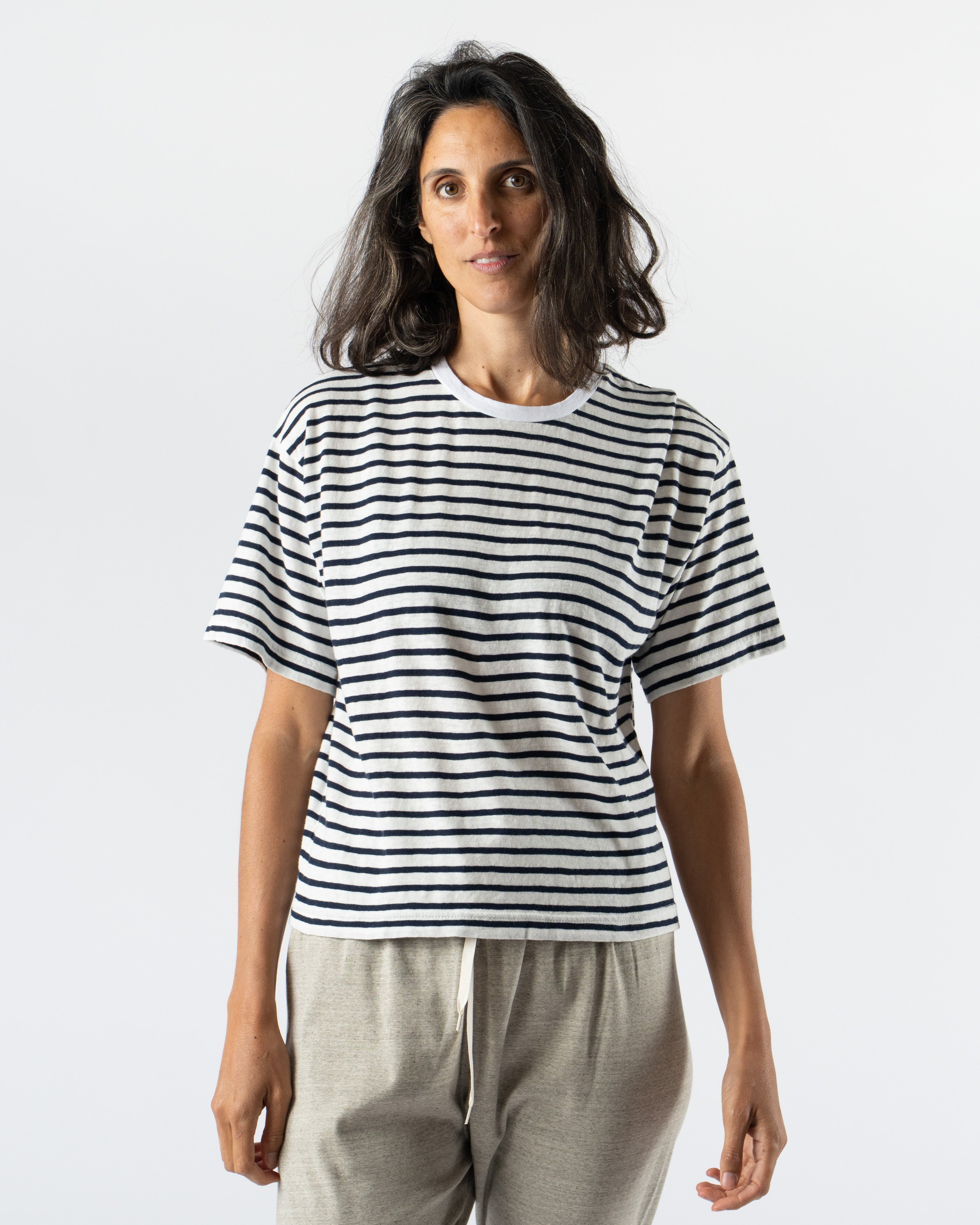 Ichi Antiquités Knit Organic T-Shirt in Navy x White