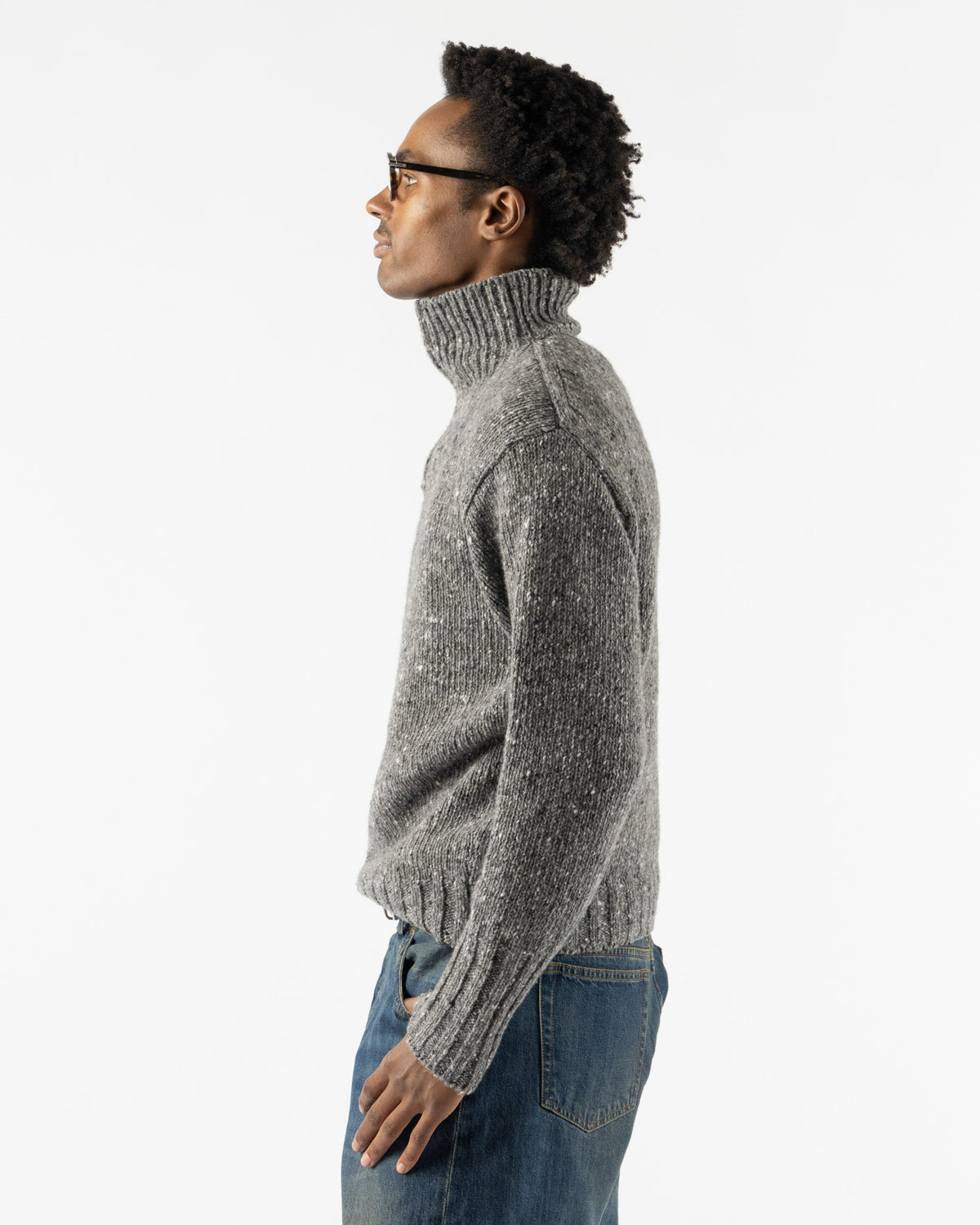 Auralee Low-Gauge Homespun Tweed Knit Zip Turtle Swaeter in Top Charcoal