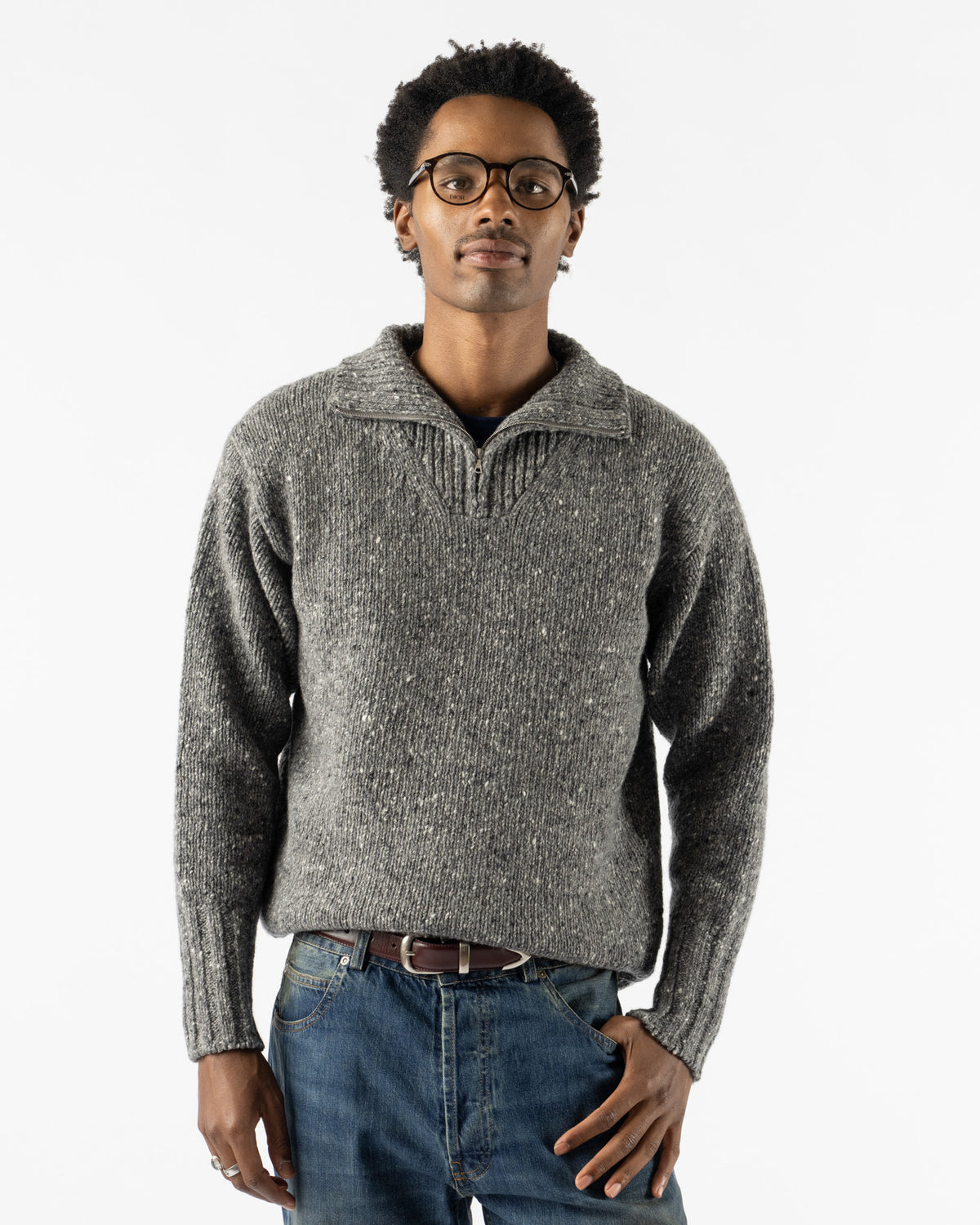 Auralee Low-Gauge Homespun Tweed Knit Zip Turtle Swaeter in Top Charcoal