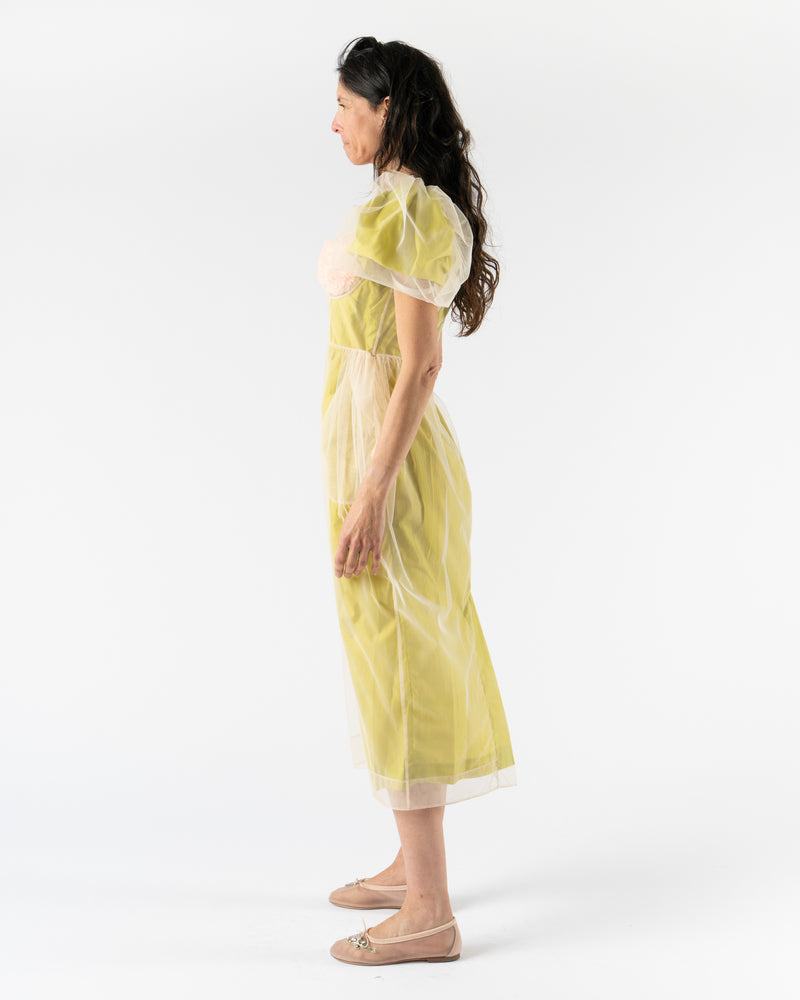 Simone Rocha Layered Balconette Bust Detail Dress w/ Carnation in Matcha/Nude Tulle Trapped Paper