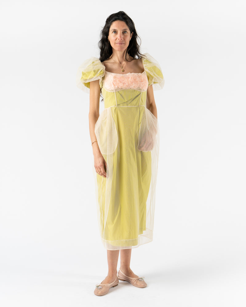 Simone Rocha Layered Balconette Bust Detail Dress w/ Carnation in Matcha/Nude Tulle Trapped Paper