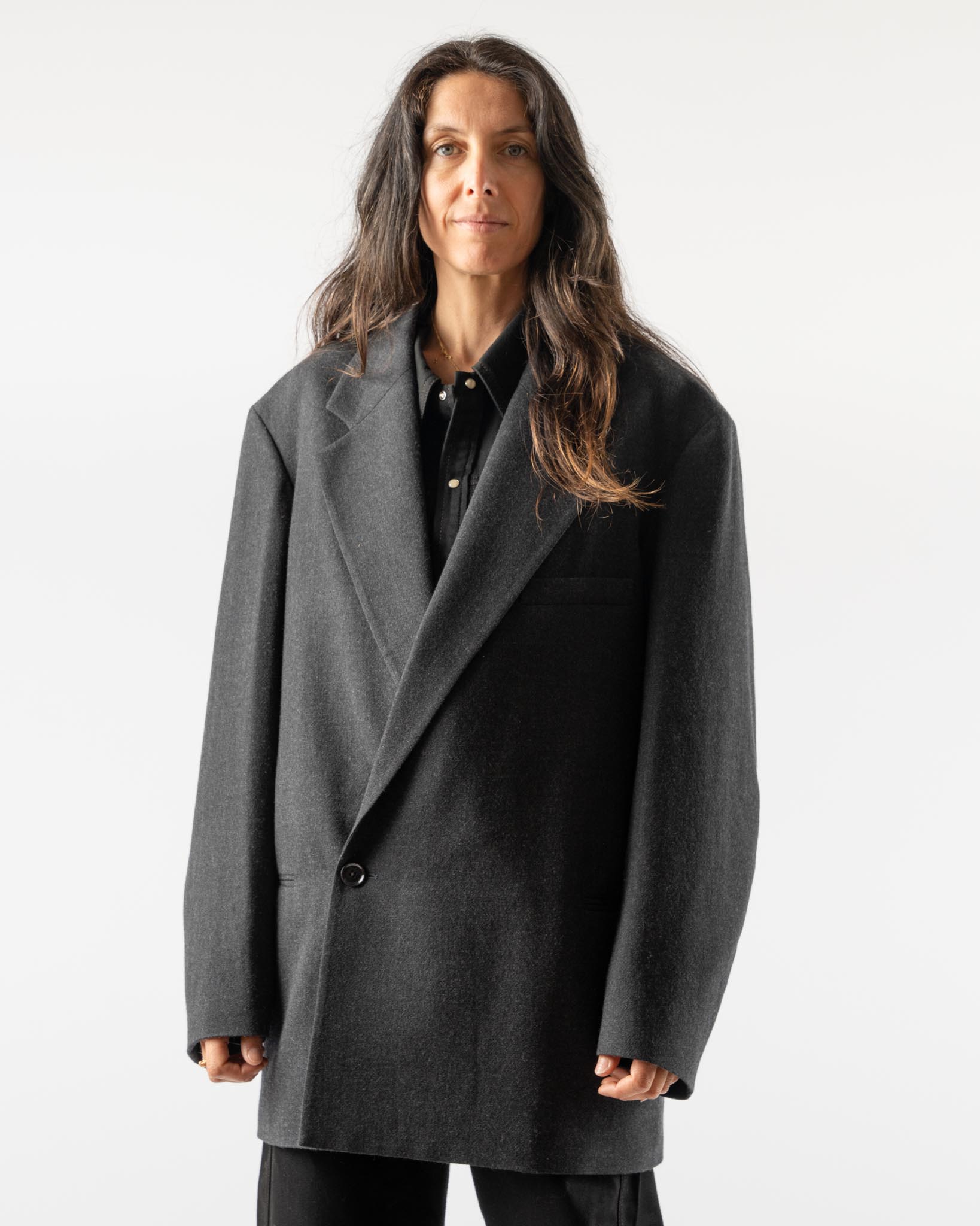 Lemaire-Short-Maxi-DB-Coat-in-Anthracite-Grey-Santa-Barbara-Boutique-Jake-and-Jones-Sustainable-Fashion