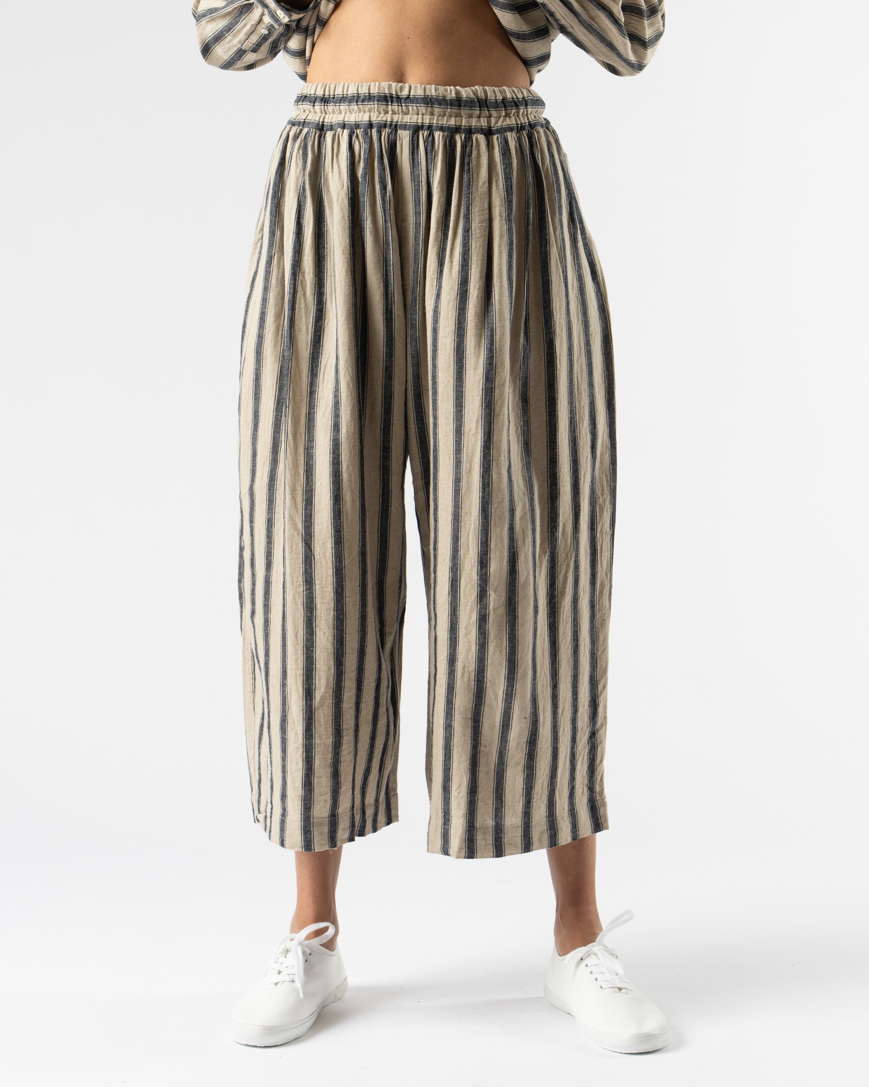 Ichi Antiquités Linen Check Stripe Pants in Natural/Indigo