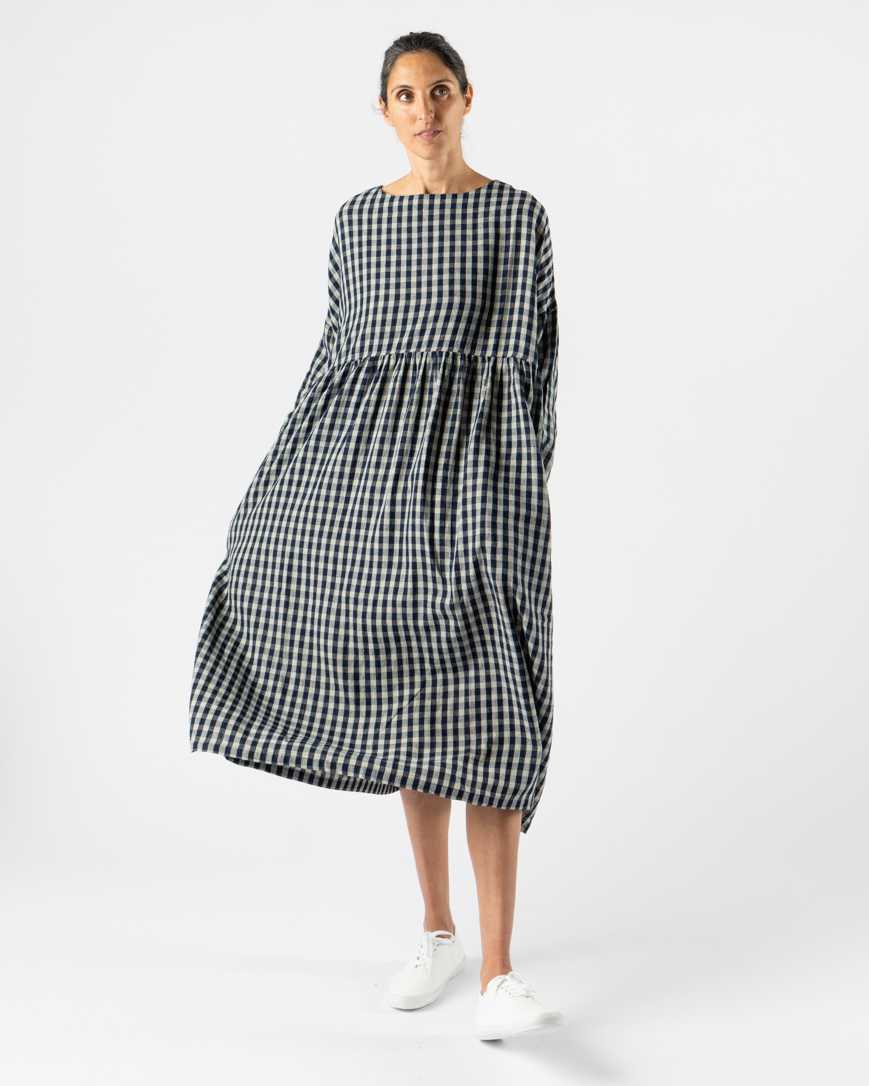Ichi Antiquités Linen Gingham Check Dress in Indigo/Natural