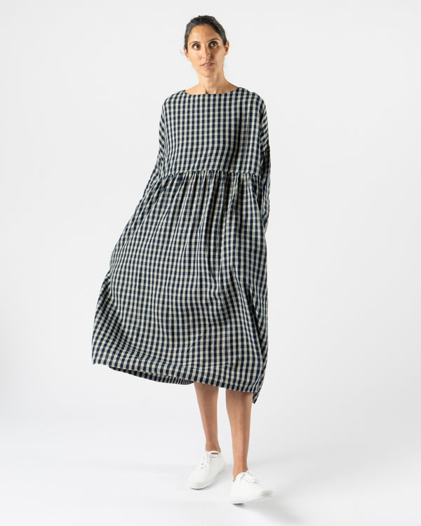 Ichi Antiquités Linen Gingham Check Dress in Indigo/Natural