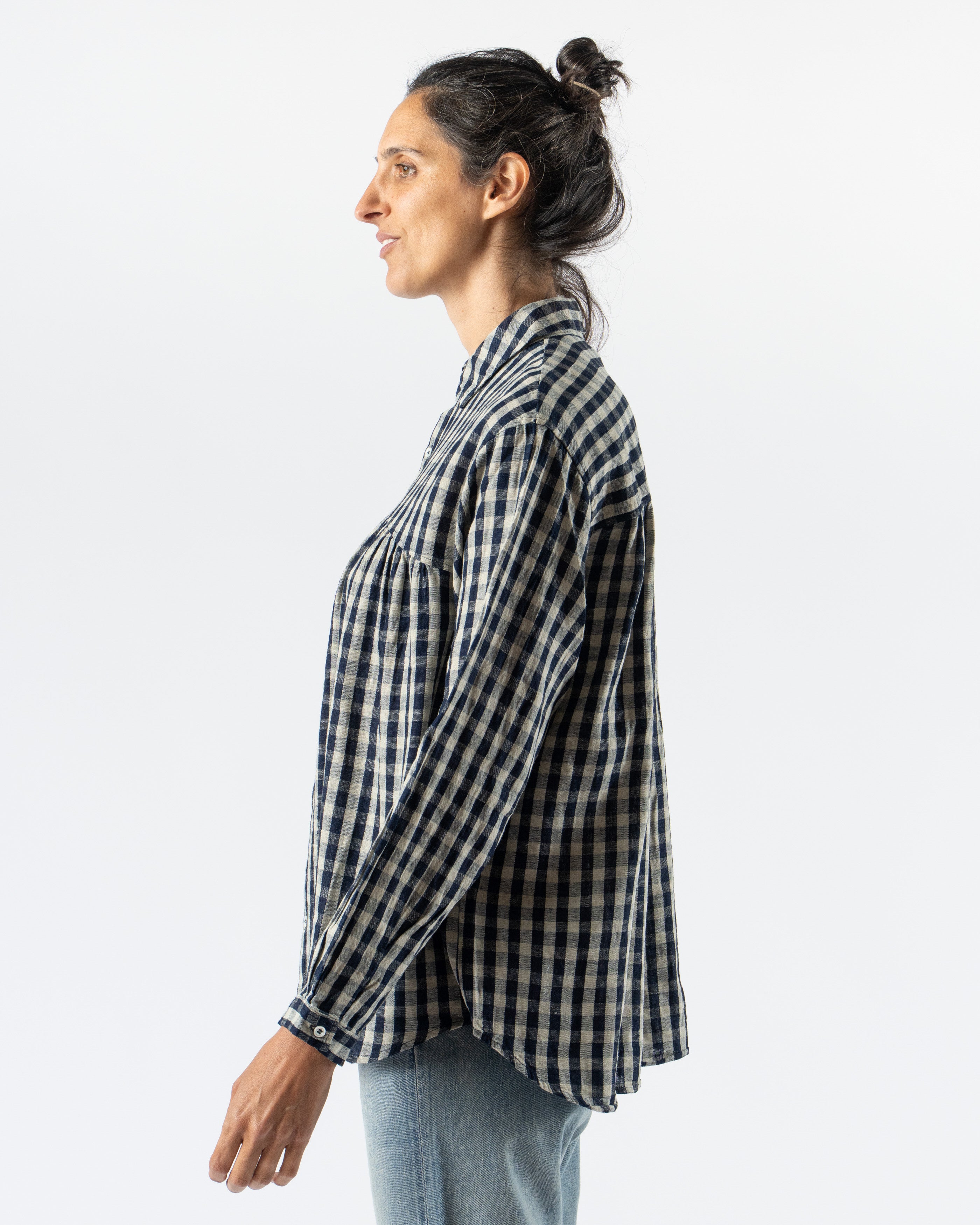 Ichi Antiquités Linen Gingham Check Shirt in Indigo/Natural
