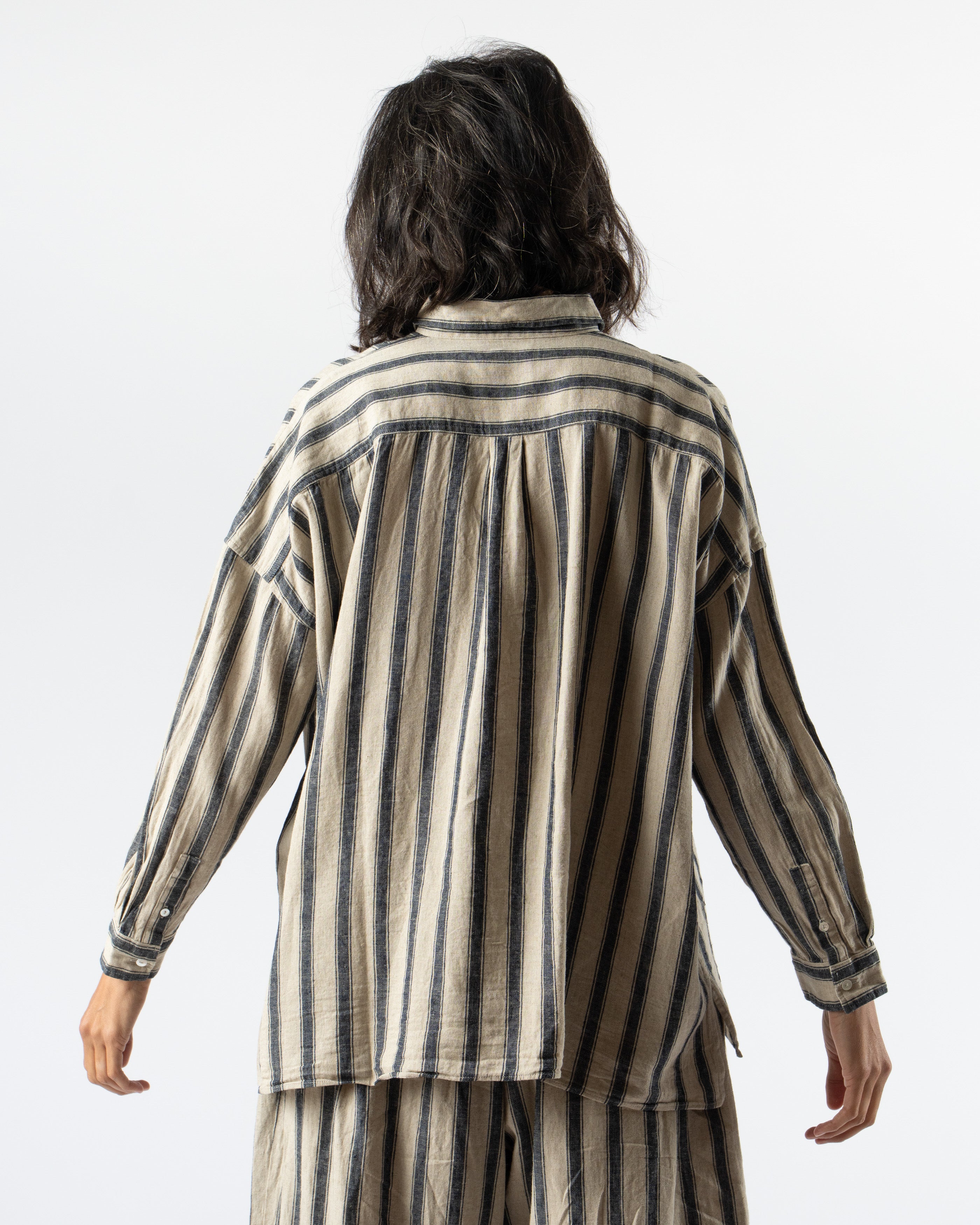 Ichi Antiquités Linen Gingham Check Stripe Shirt in Natural/Indigo