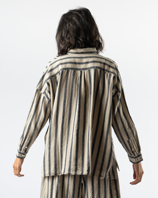 Ichi Antiquités Linen Gingham Check Stripe Shirt in Natural/Indigo