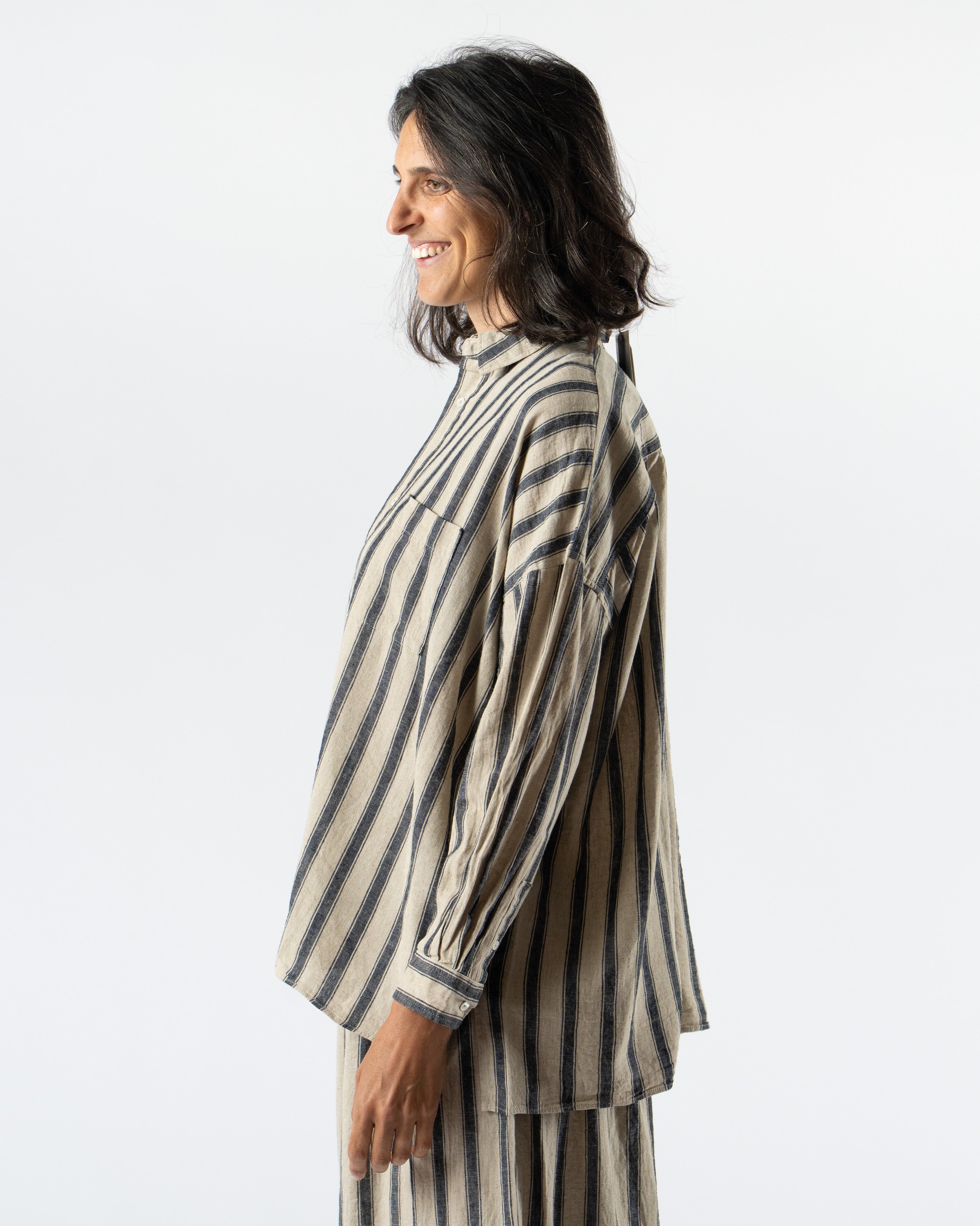 Ichi Antiquités Linen Gingham Check Stripe Shirt in Natural/Indigo