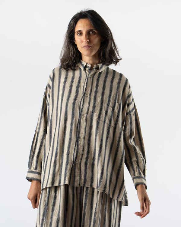 Ichi Antiquités Linen Gingham Check Stripe Shirt in Natural/Indigo
