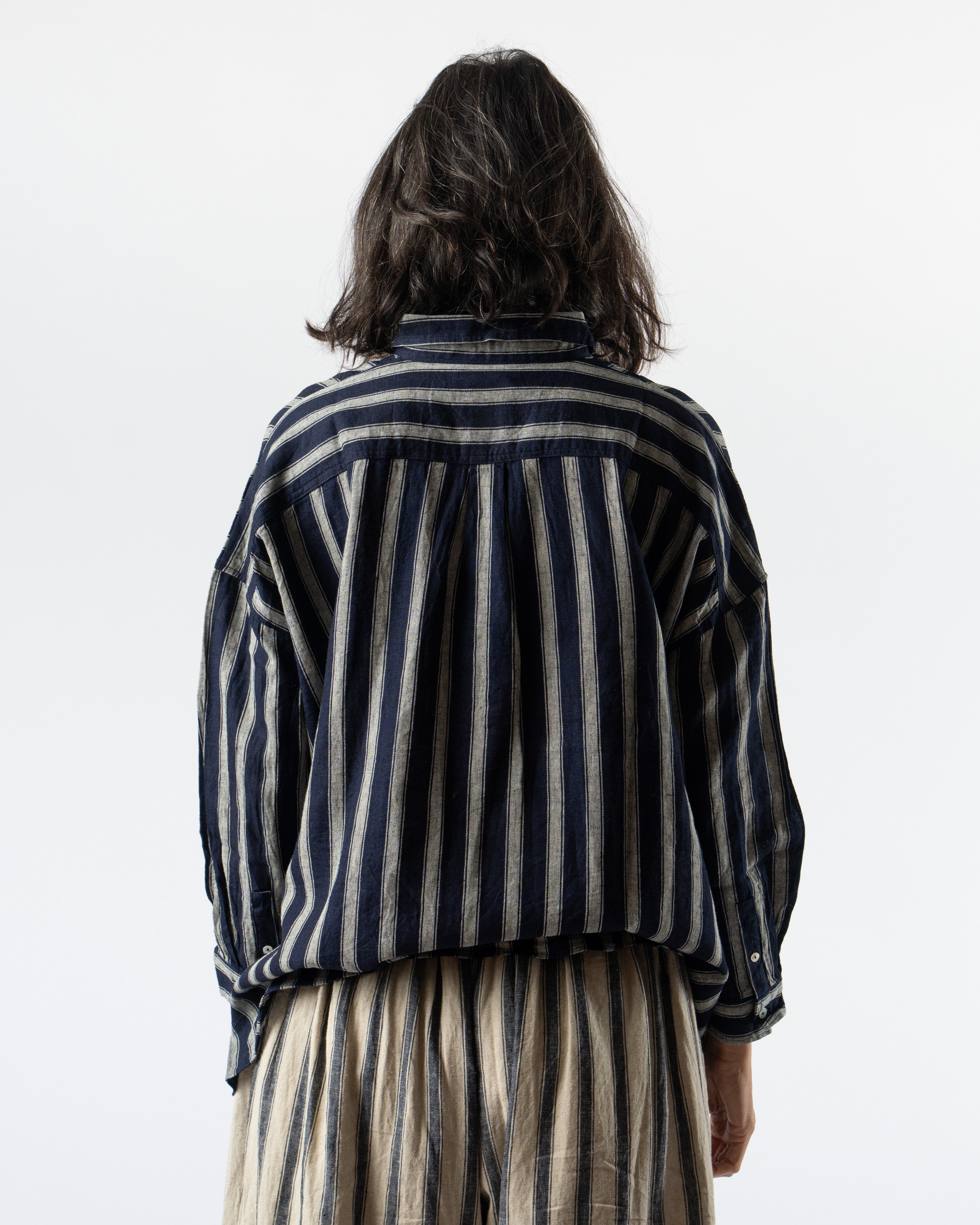 Ichi Antiquités Linen Gingham Check Stripe Shirt in Indigo/Natural