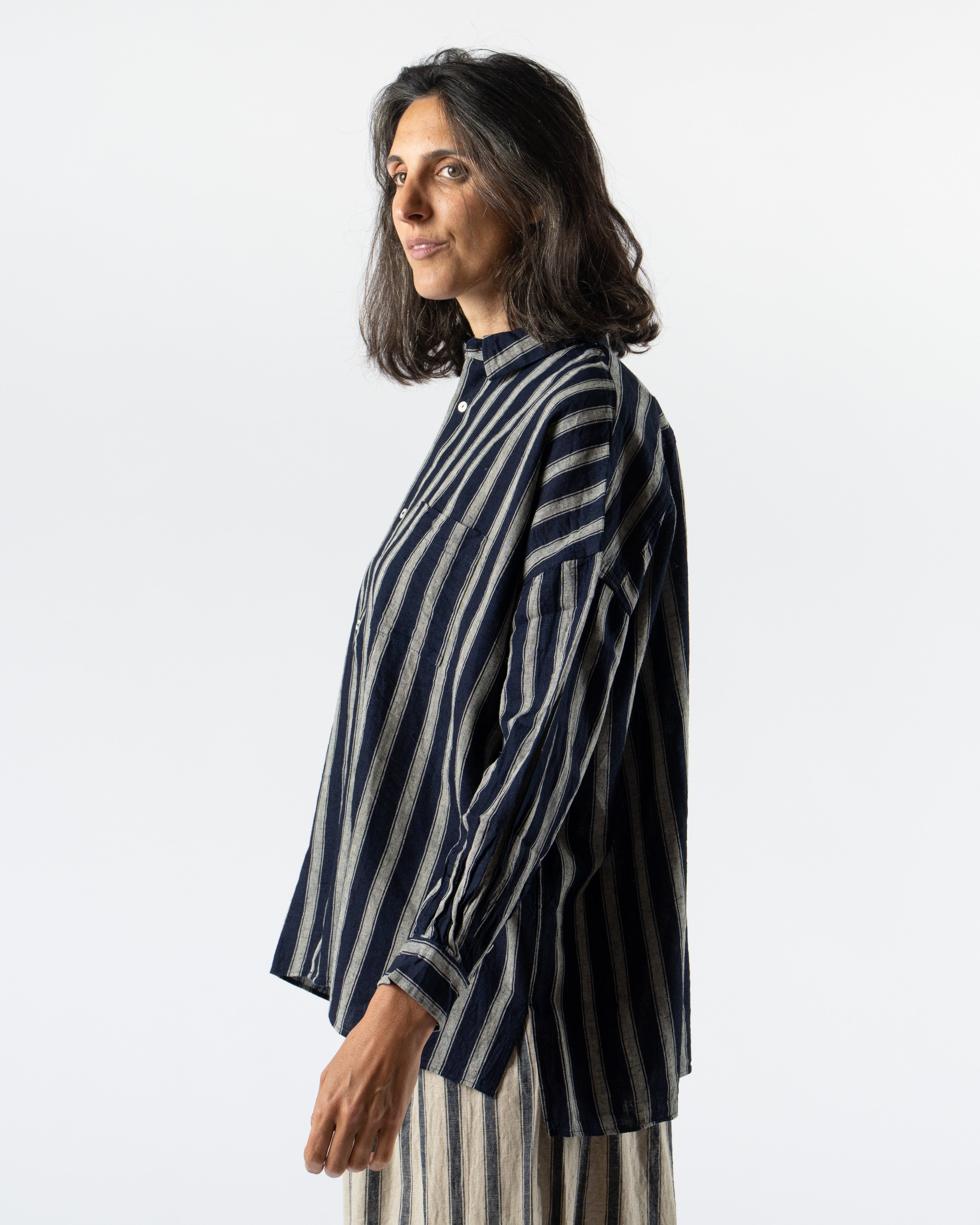 Ichi Antiquités Linen Gingham Check Stripe Shirt in Indigo/Natural