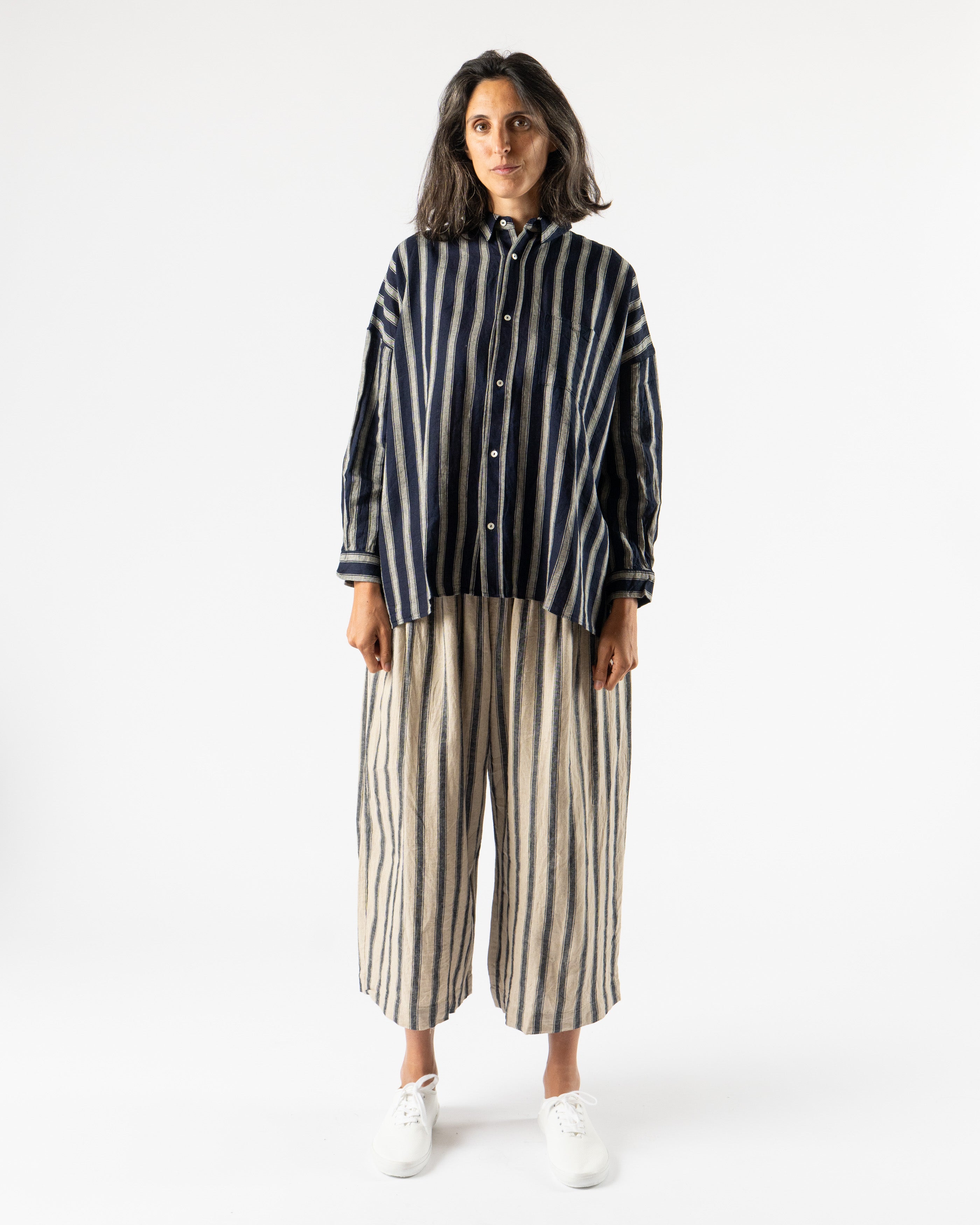 Ichi Antiquités Linen Gingham Check Stripe Shirt in Indigo/Natural