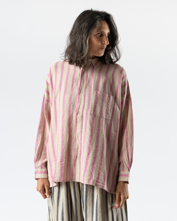 Ichi Antiquités Linen Gingham Check Stripe Shirt in Pink/Brown