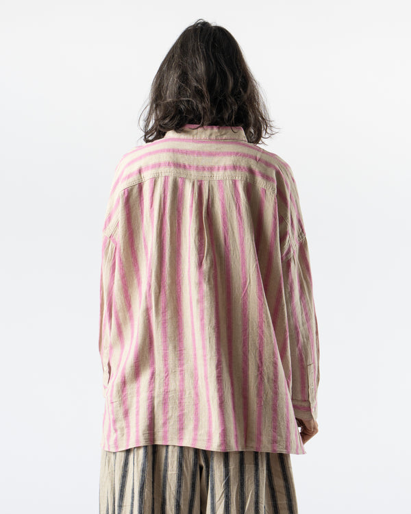 Ichi Antiquités Linen Gingham Check Stripe Shirt in Pink/Brown
