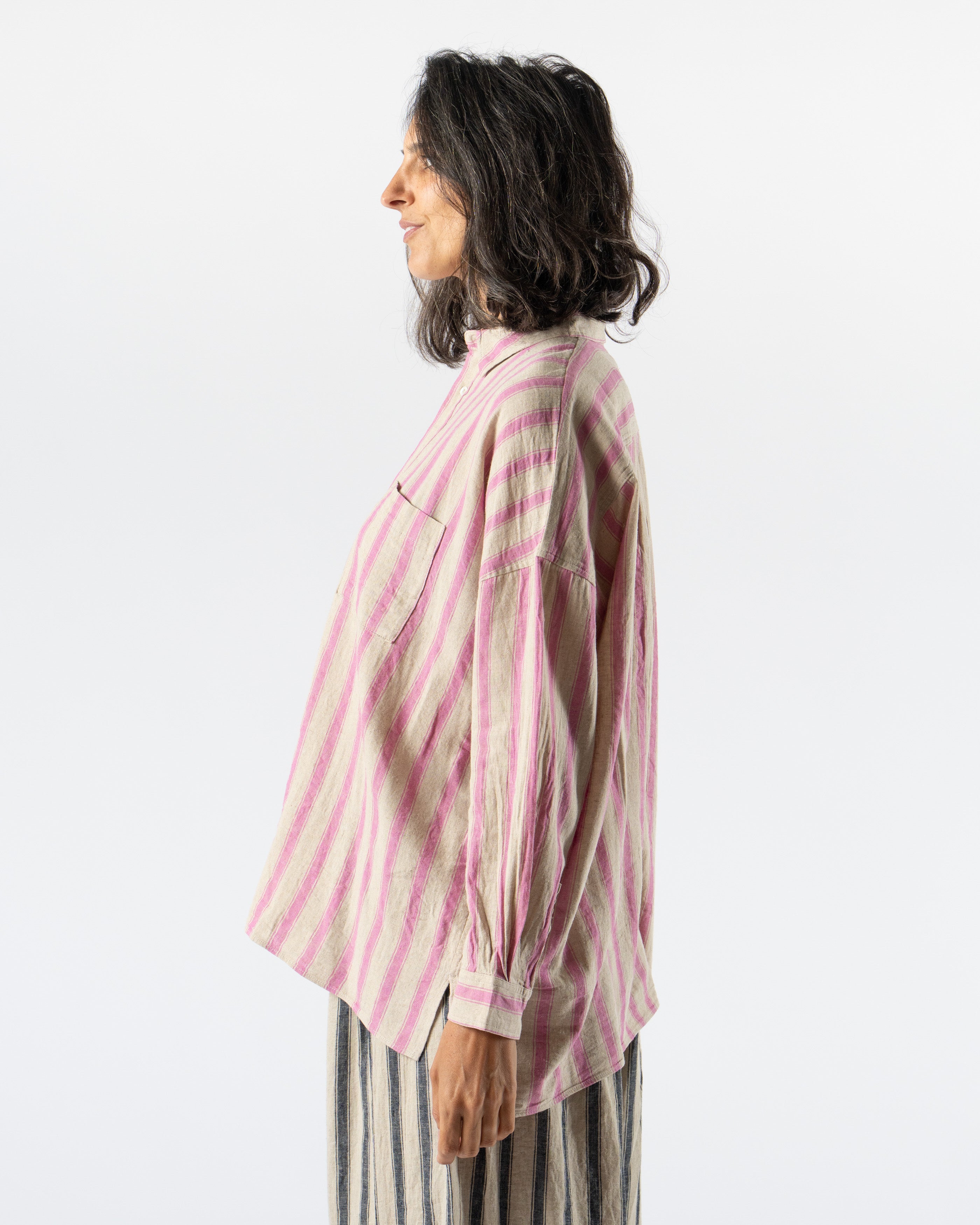 Ichi Antiquités Linen Gingham Check Stripe Shirt in Pink/Brown