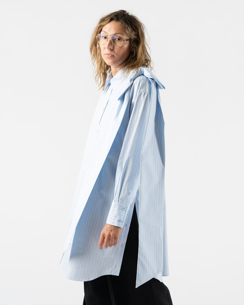 Simone Rocha Long Shoulder Bow Masculine Button Placket Shirt in Blue/Brown