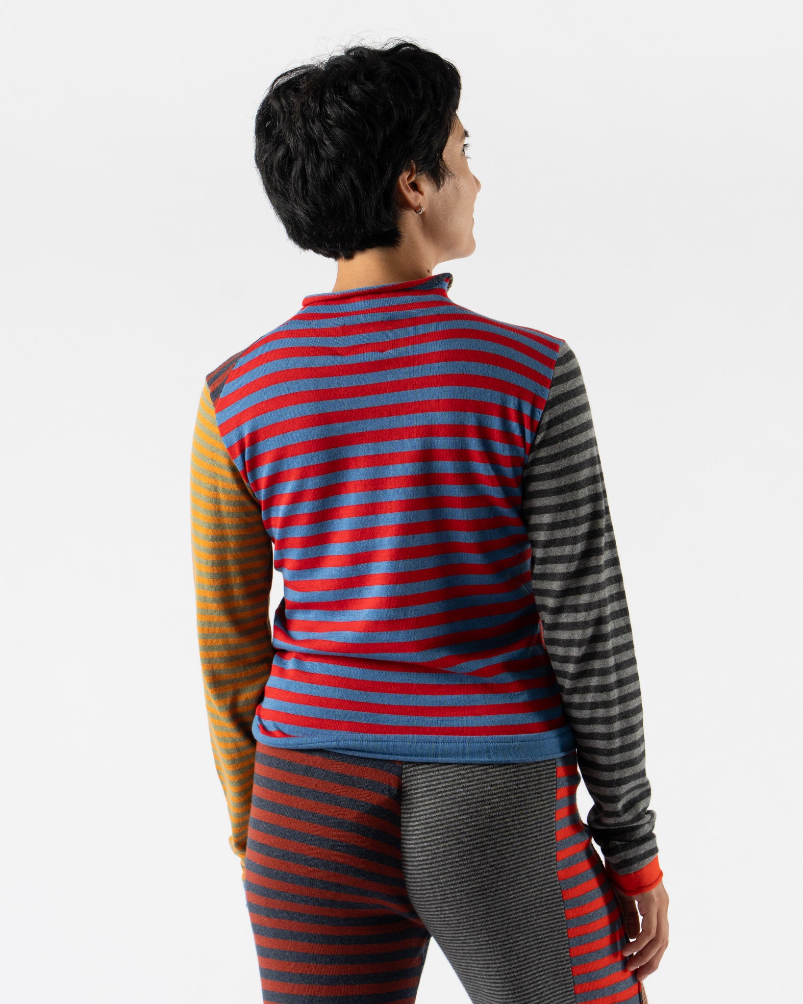 YanYan Mismatch Stripe Mockneck LS Pullover in Red Multi