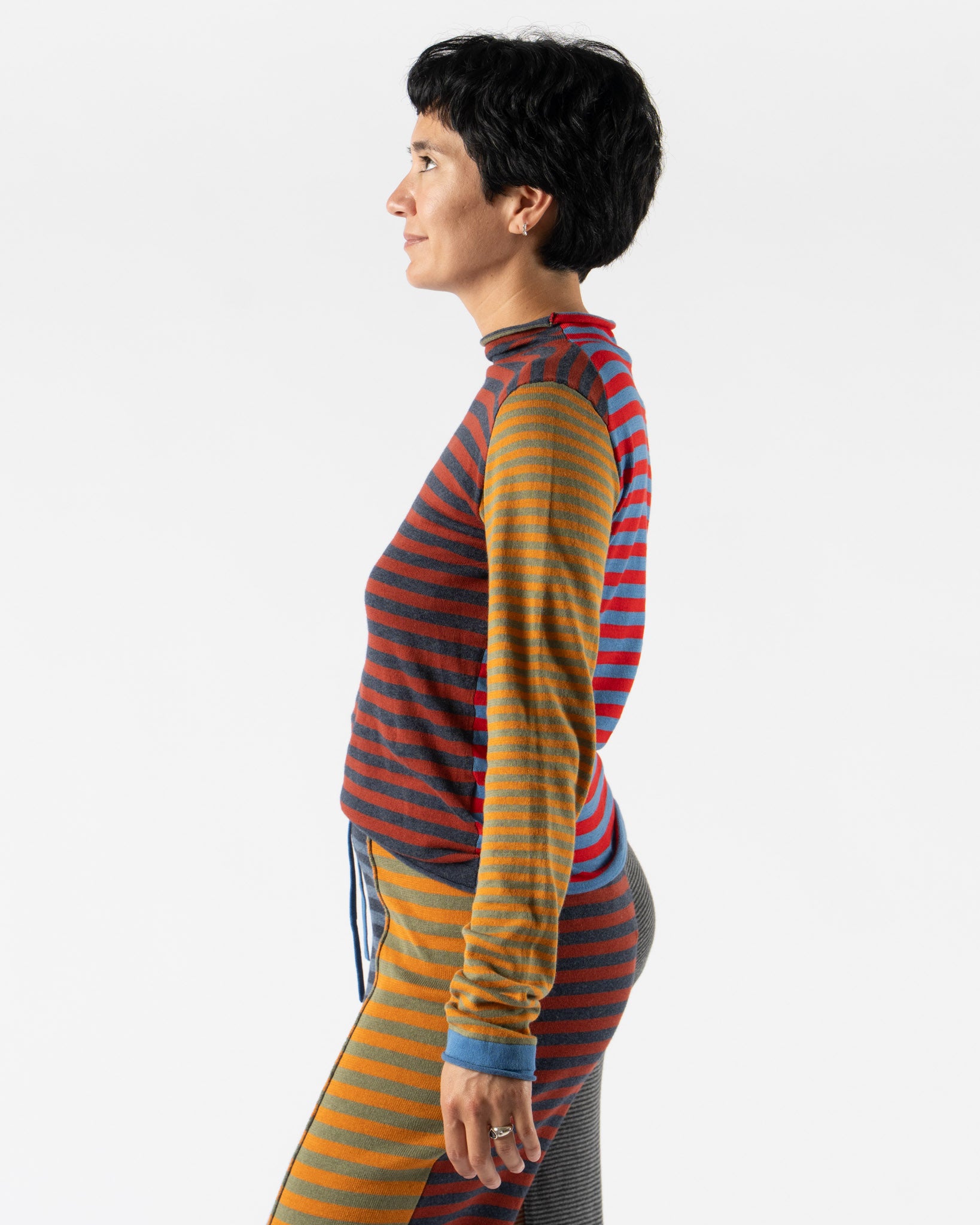 YanYan Mismatch Stripe Mockneck LS Pullover in Red Multi