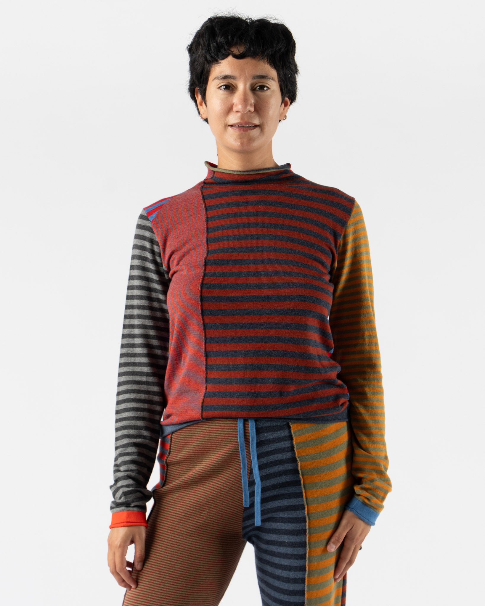 YanYan Mismatch Stripe Mockneck LS Pullover in Red Multi