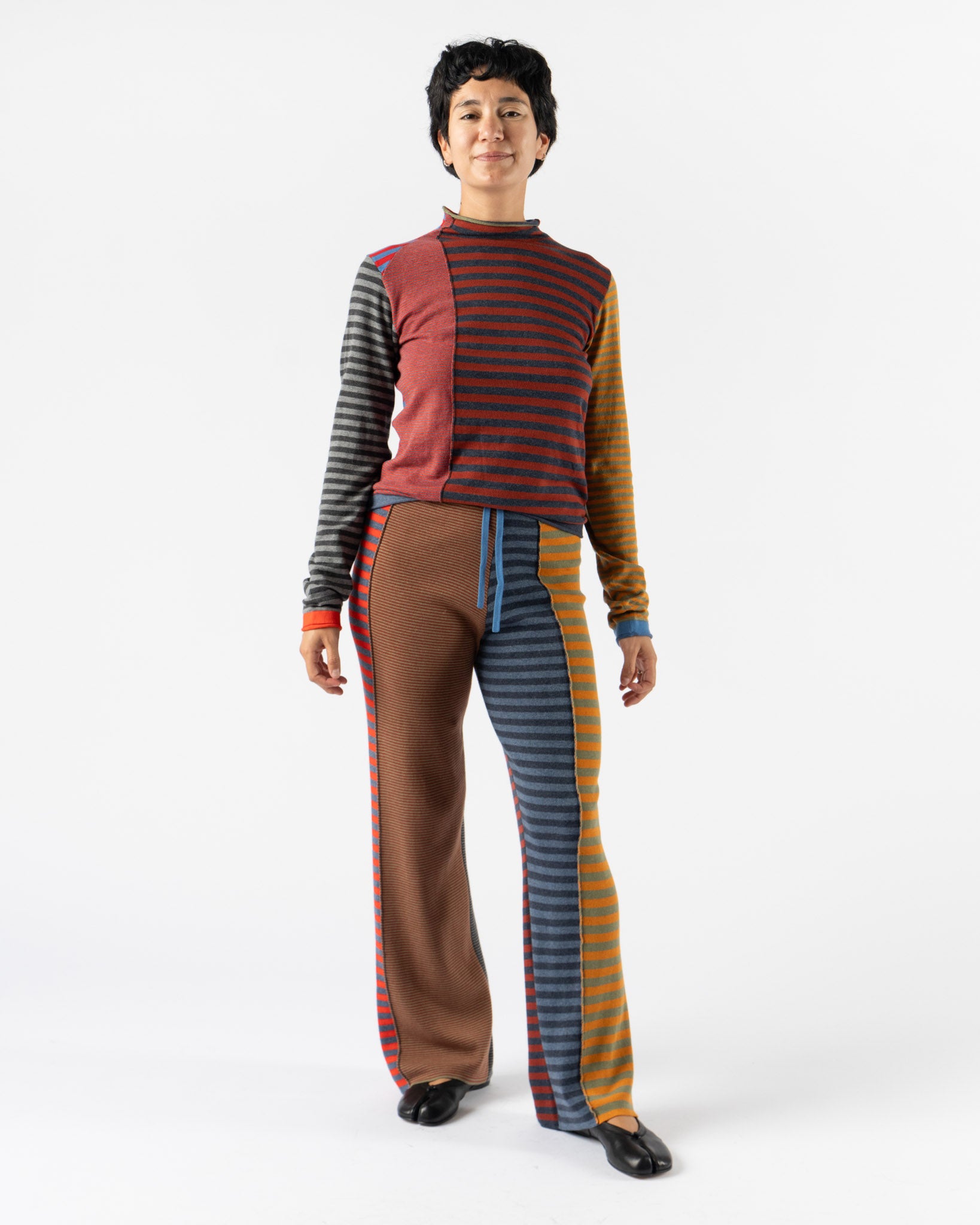 YanYan Mismatch Stripe Mockneck LS Pullover in Red Multi