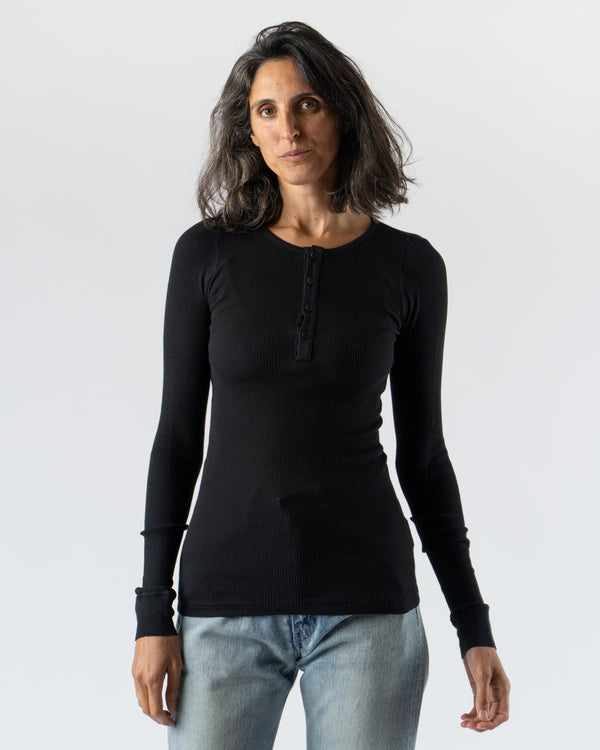 Auralee Organic Soft Rib Henley Neck Pullover in Black
