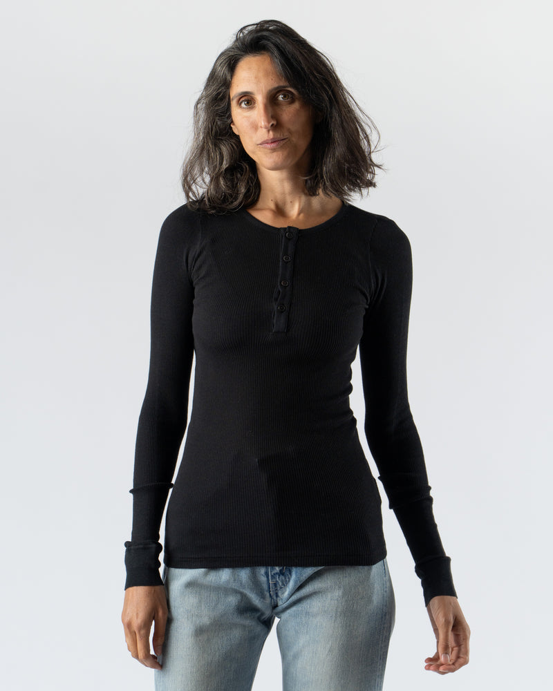 Auralee Organic Soft Rib Henley Neck Pullover in Black