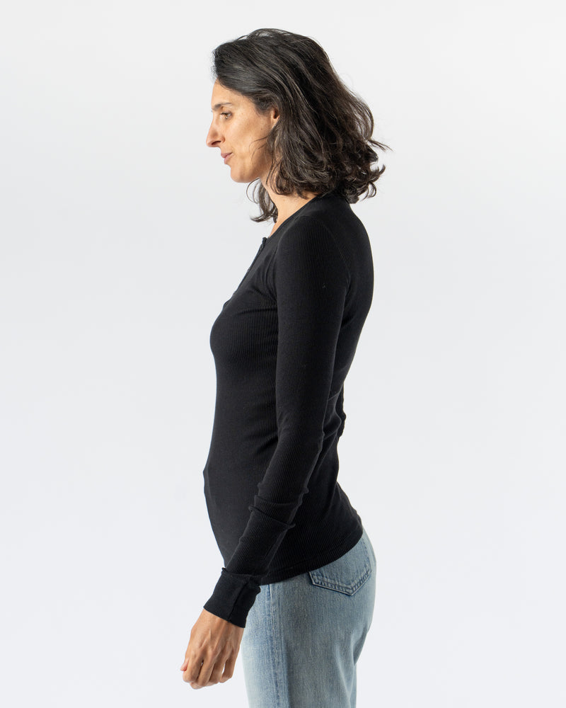 Auralee Organic Soft Rib Henley Neck Pullover in Black