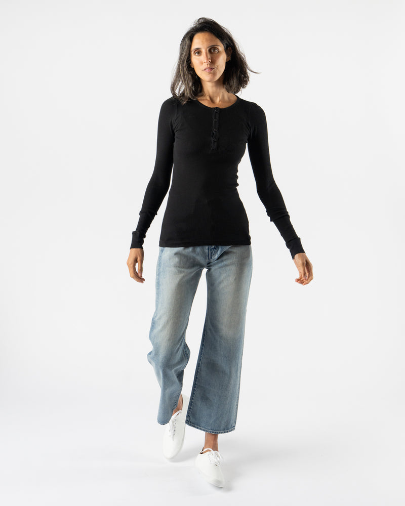 Auralee Organic Soft Rib Henley Neck Pullover in Black