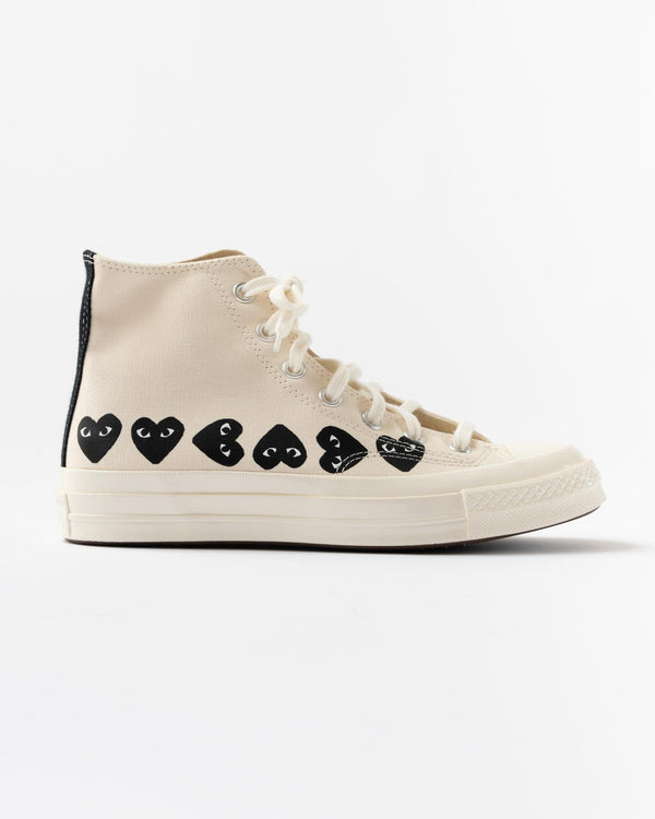 Play Converse x Comme des Garcons Multi Heart High Top in Beige Curated at Jake and Jones 11