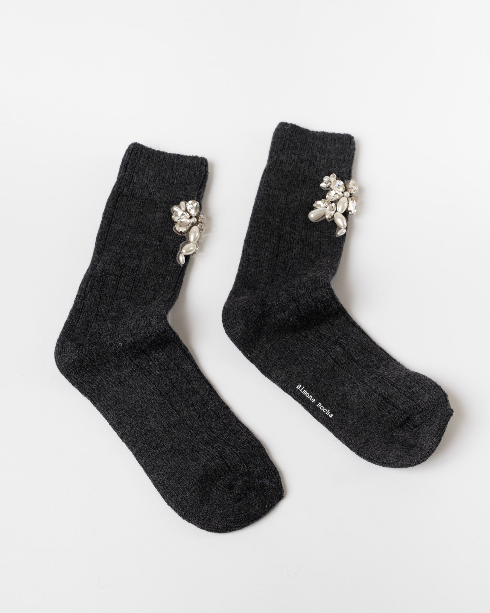 Simone Rocha Pearl and Crystal Rose Ankle Sock in Charcoal