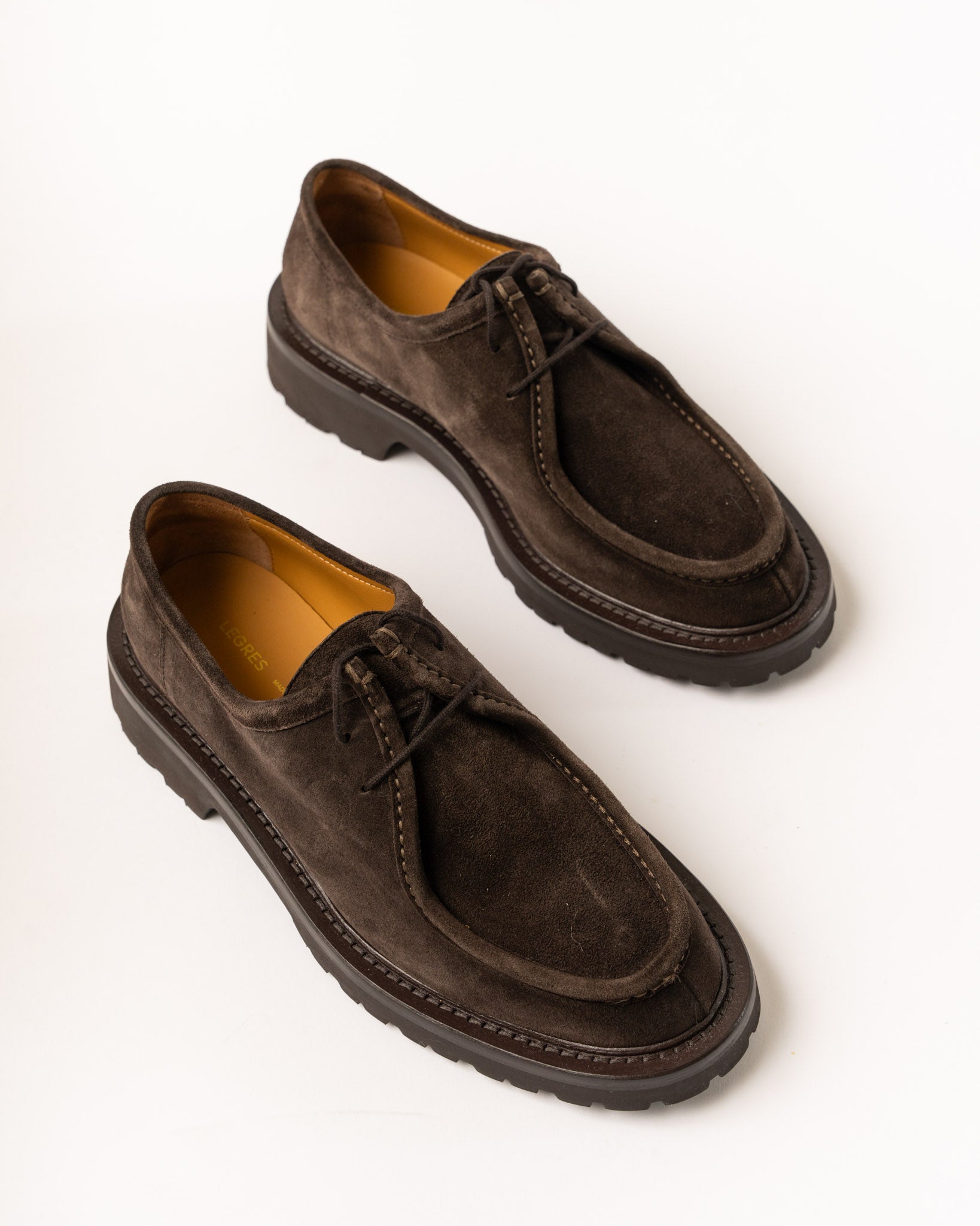 Legres Piped Seam Derby Shoe in Suede Dark Brown