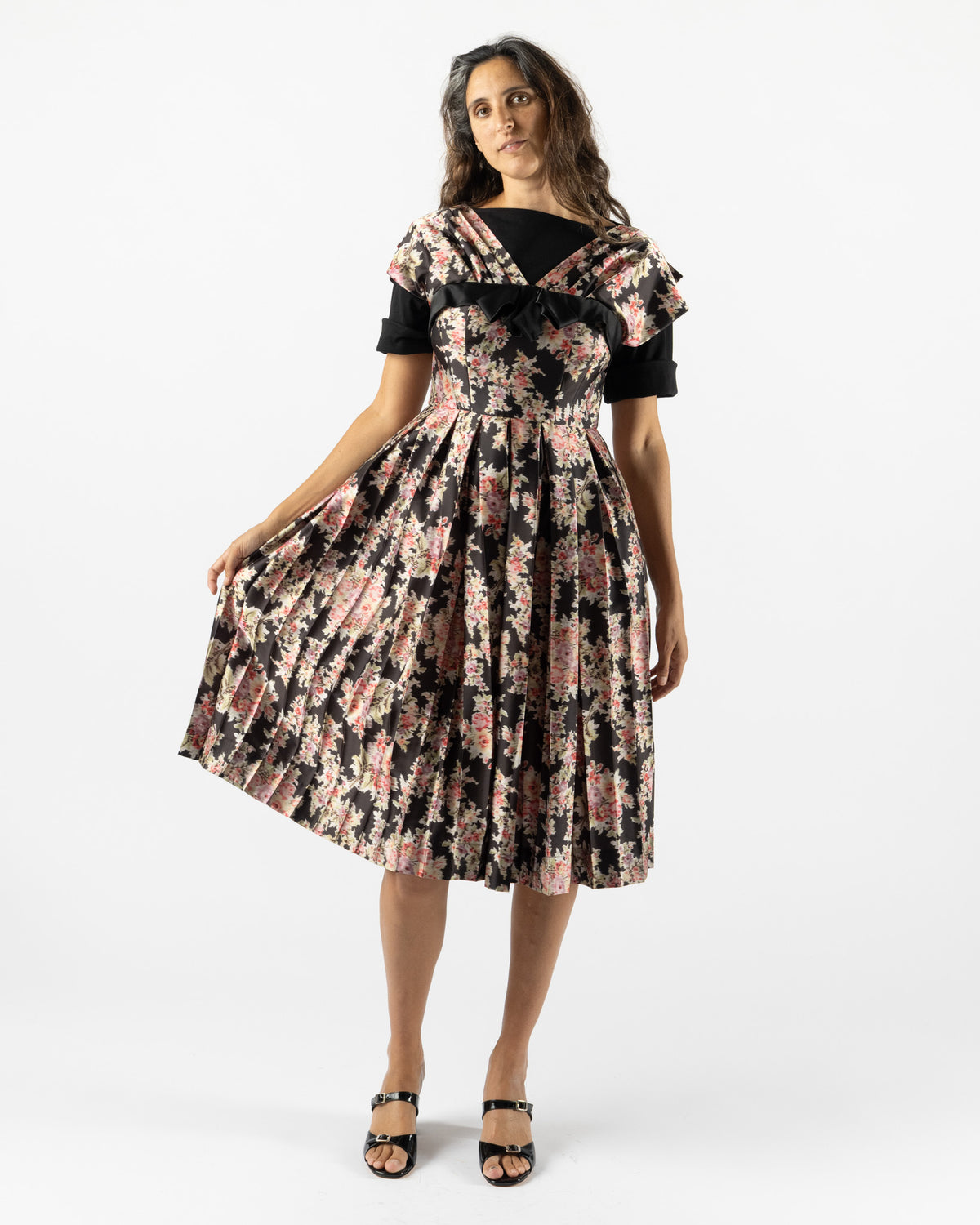 Simone Rocha Pleated Patchwork Wire Sleeve Flare Dress in Black