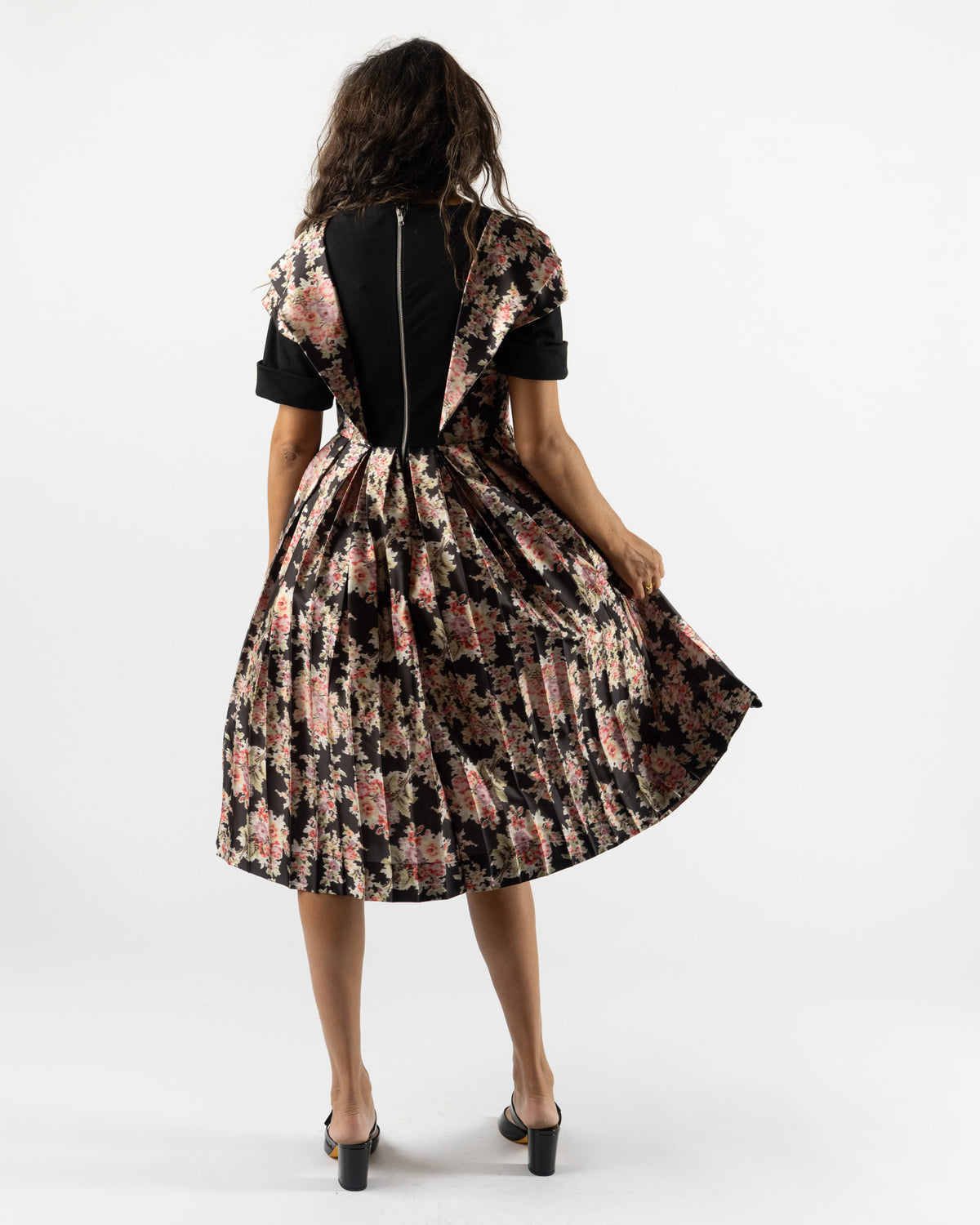 Simone Rocha Pleated Patchwork Wire Sleeve Flare Dress in Black