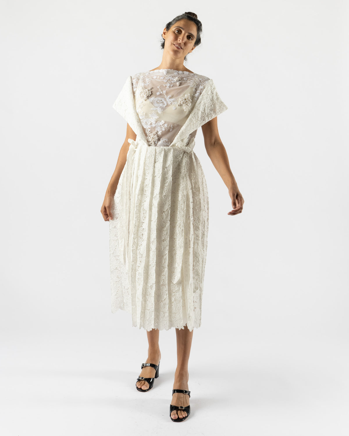 Simone Rocha Pleated Sheer Panel Flare Dress in Ivory/White/Pearl