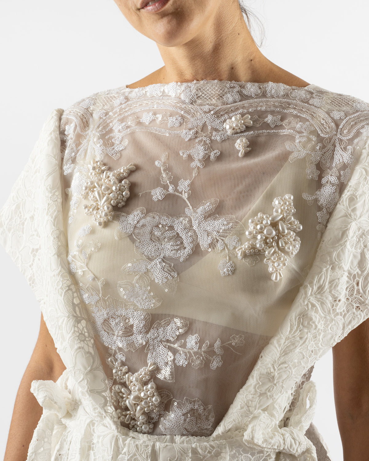 Simone Rocha Pleated Sheer Panel Flare Dress in Ivory/White/Pearl