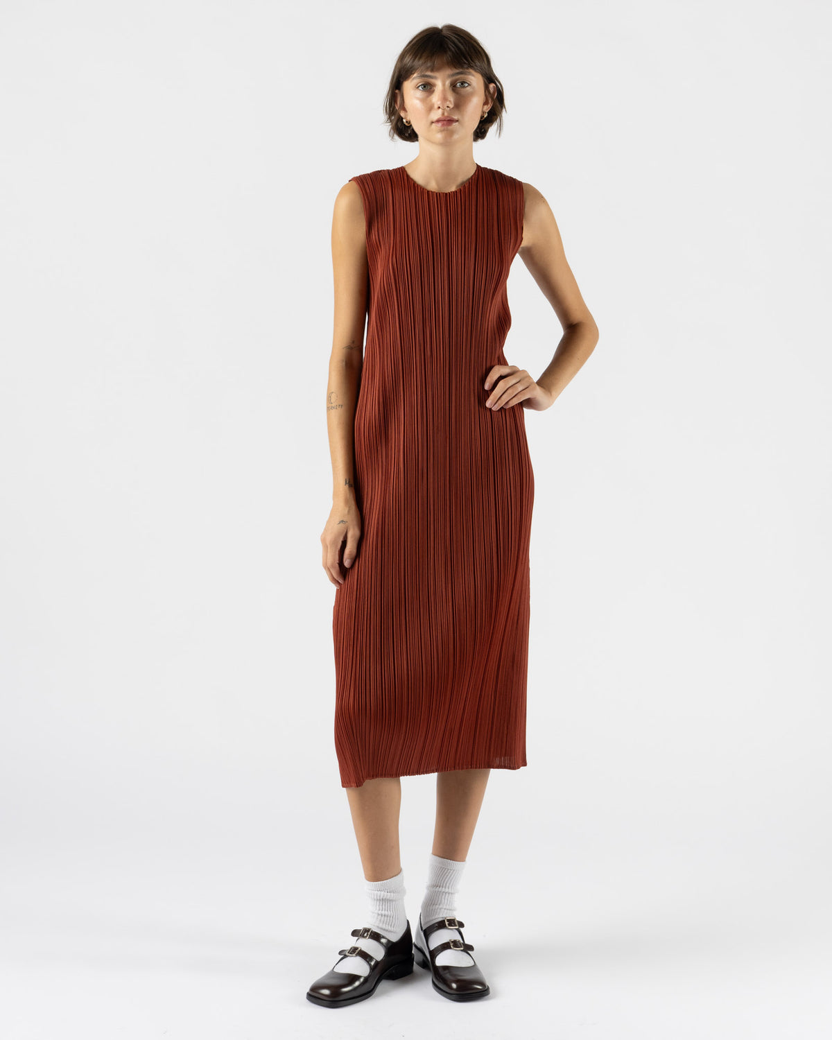 Pleats Please Issey Miyake Monthly Colors September Dress in Red Brown