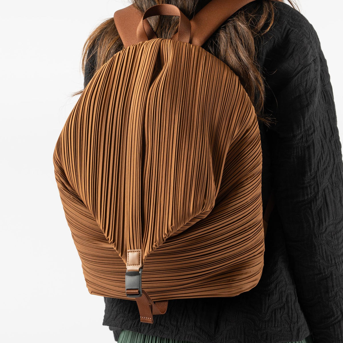 Pleats Please Issey Miyake Pleats Backpack in Brown Curated at 