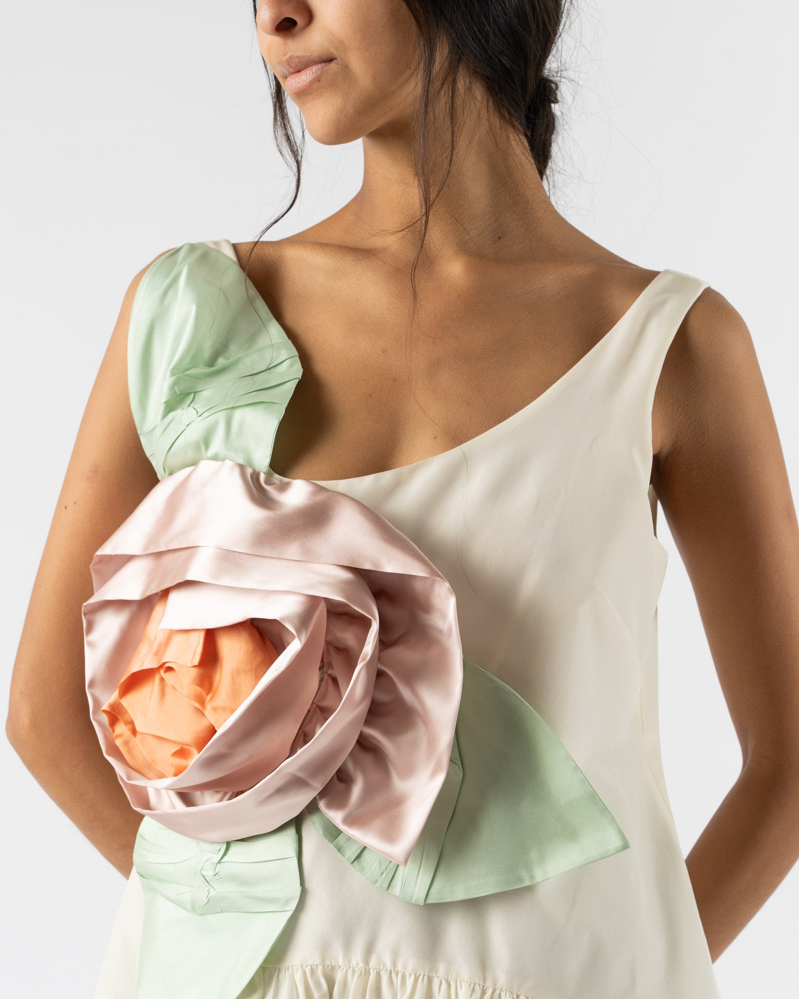 Simone Rocha Pressed Rosette Tilted Neck Peplum Top in Cream/Multi