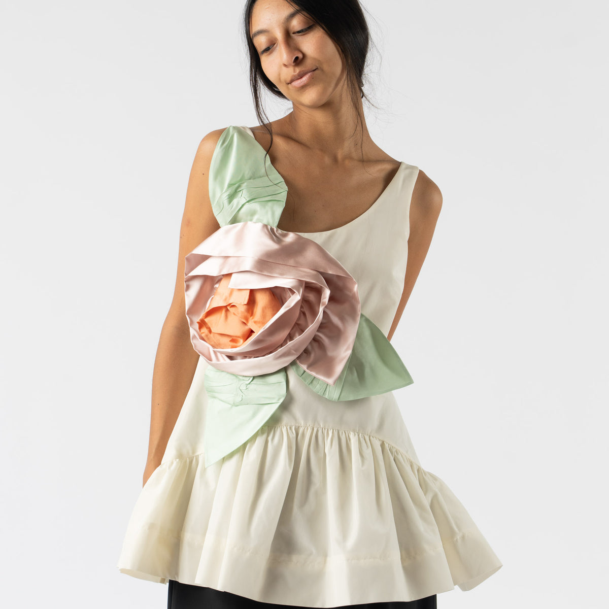 Simone Rocha Pressed Rosette Tilted Neck Peplum Top in Cream/Multi 