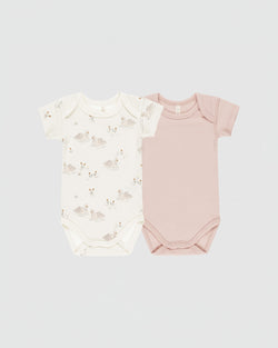 Quincy Mae Short Sleeve Bodysuit 2-Pack in Swans/Bubblegum